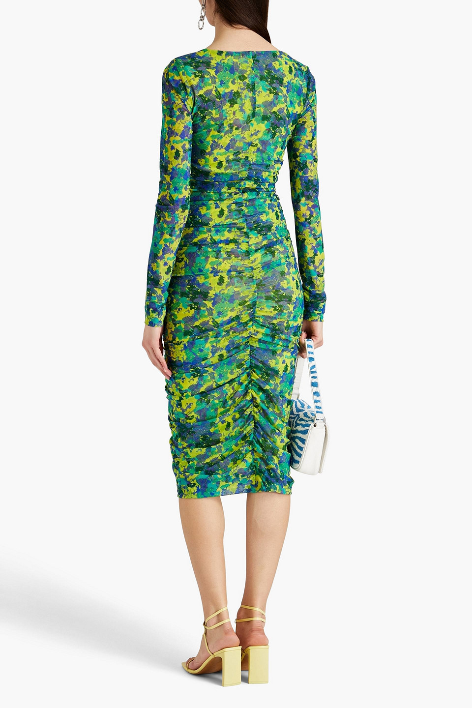 Ganni Ruched Printed Stretch-mesh Midi Dress In Lime Green