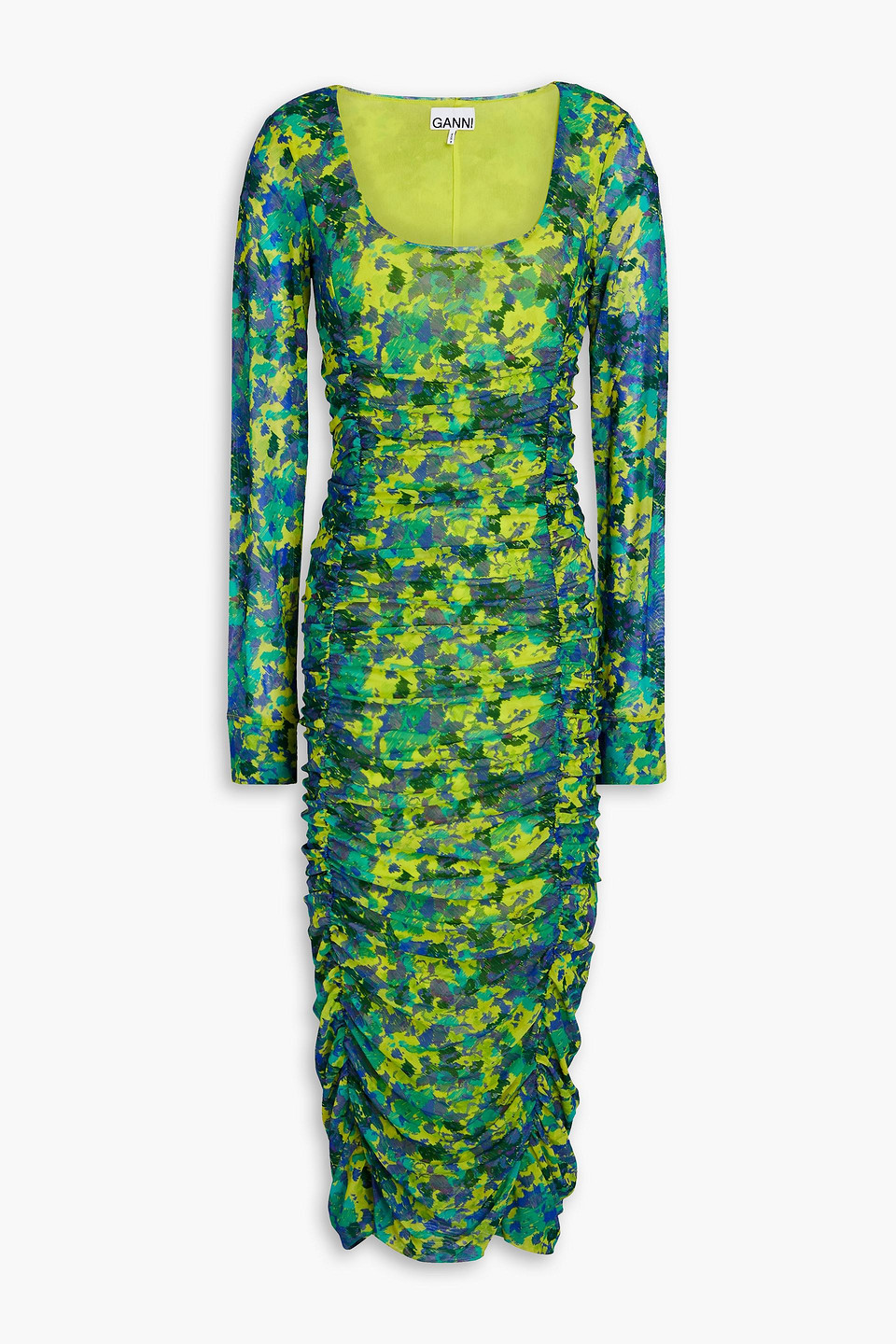 Ganni Ruched Printed Stretch-mesh Midi Dress In Lime Green