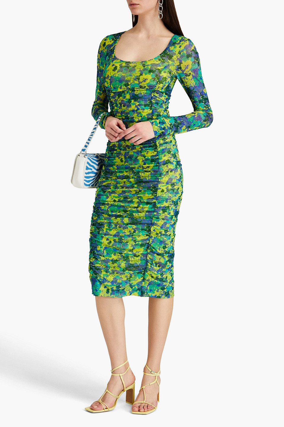 Ganni Ruched Printed Stretch-mesh Midi Dress In Lime Green