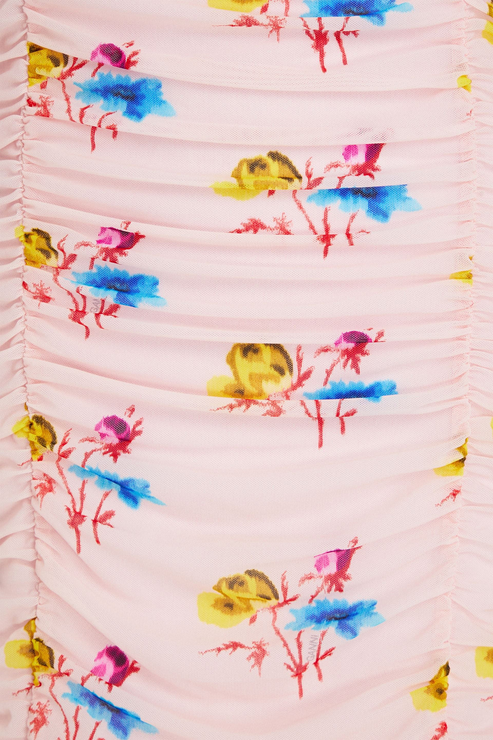 Ganni Ruched Mesh Floral-print Mini Dress In Baby Pink