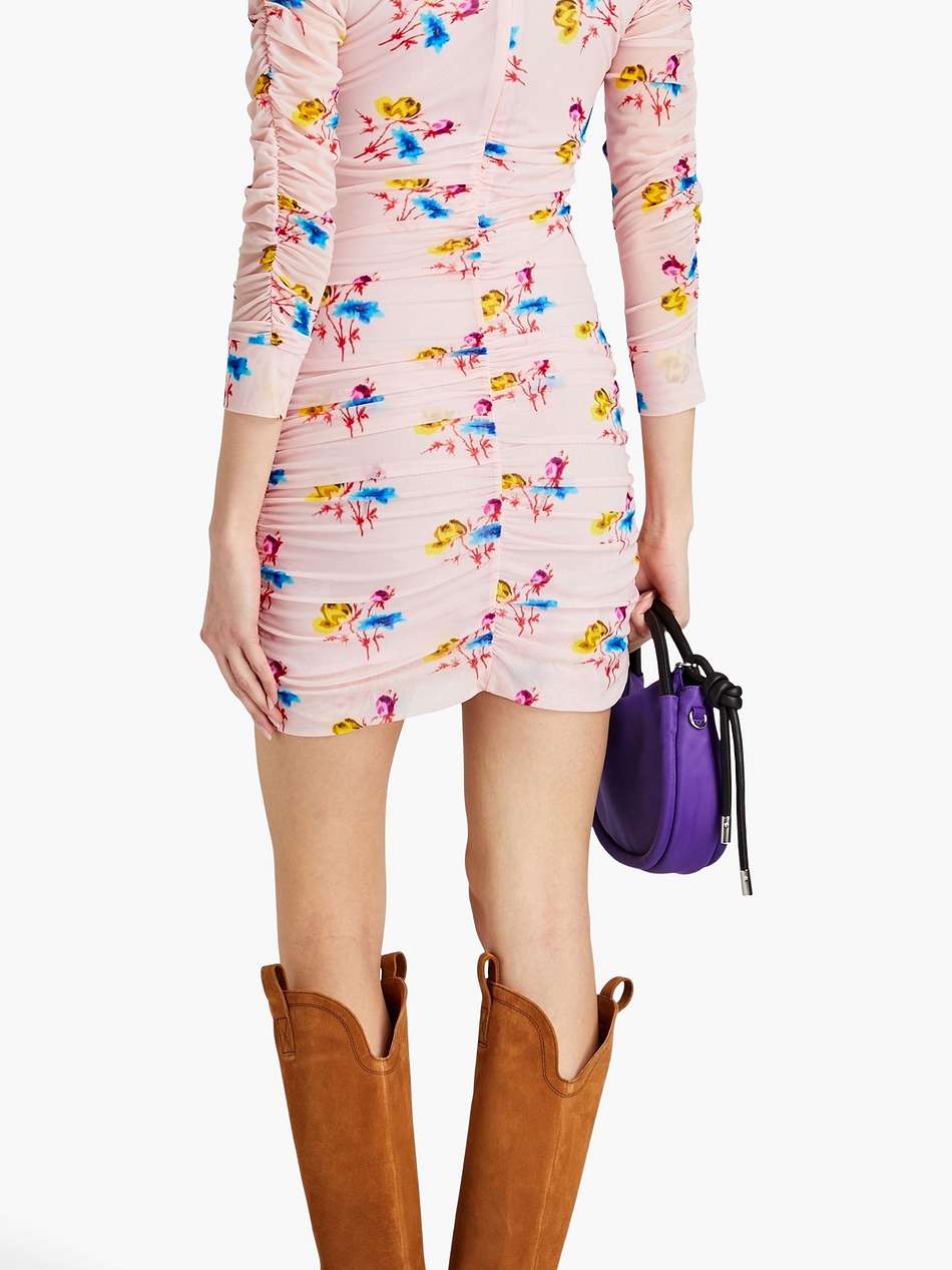 ruched floral-print stretch-mesh mini dress