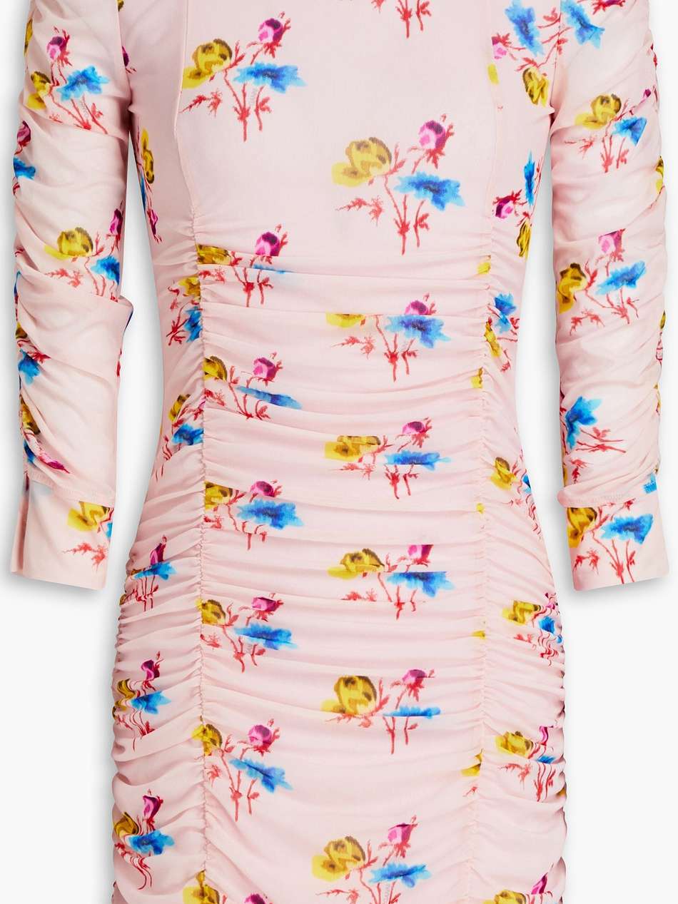 ruched floral-print stretch-mesh mini dress