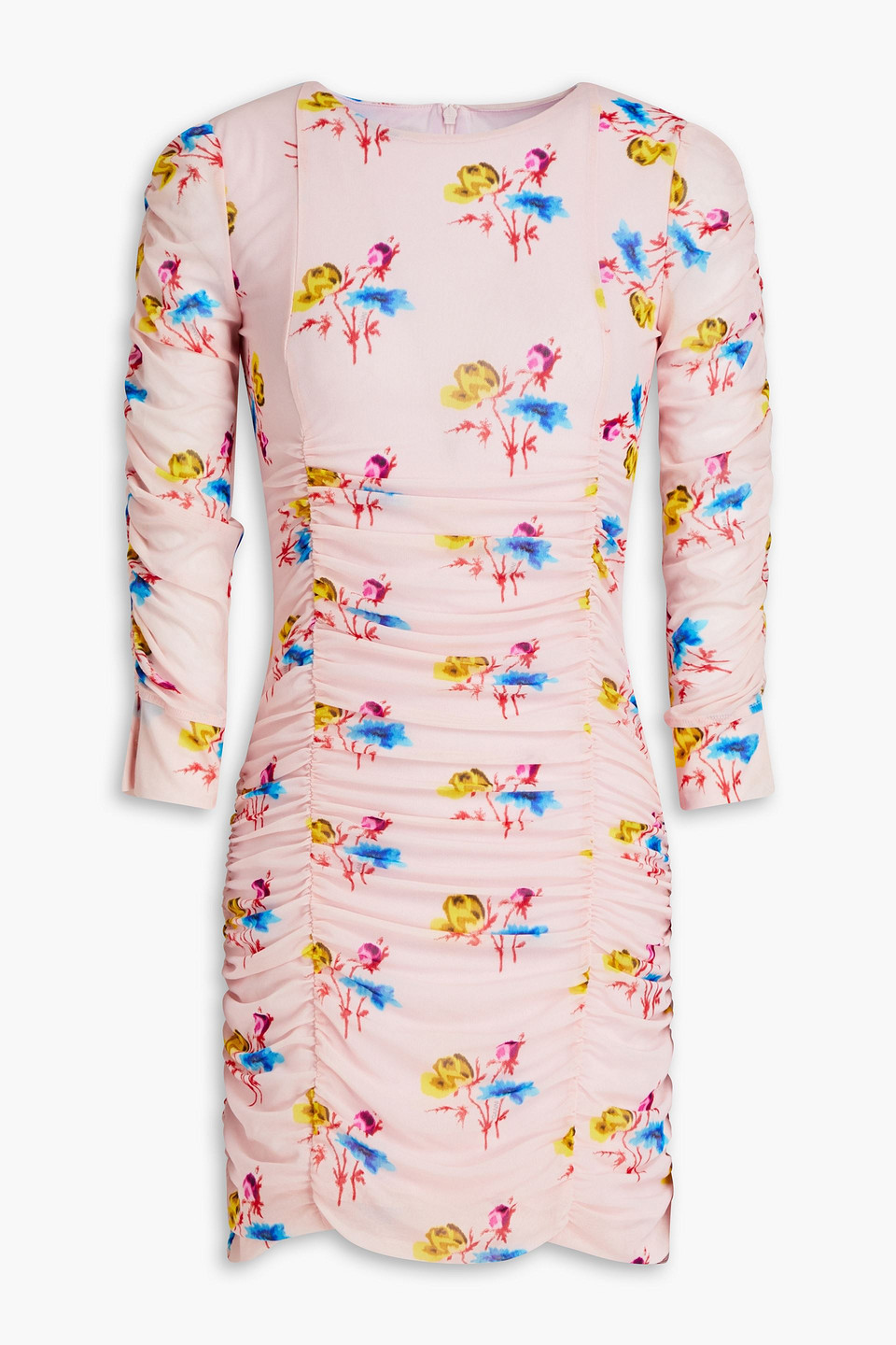 Ganni Ruched Mesh Floral-print Mini Dress In Baby Pink