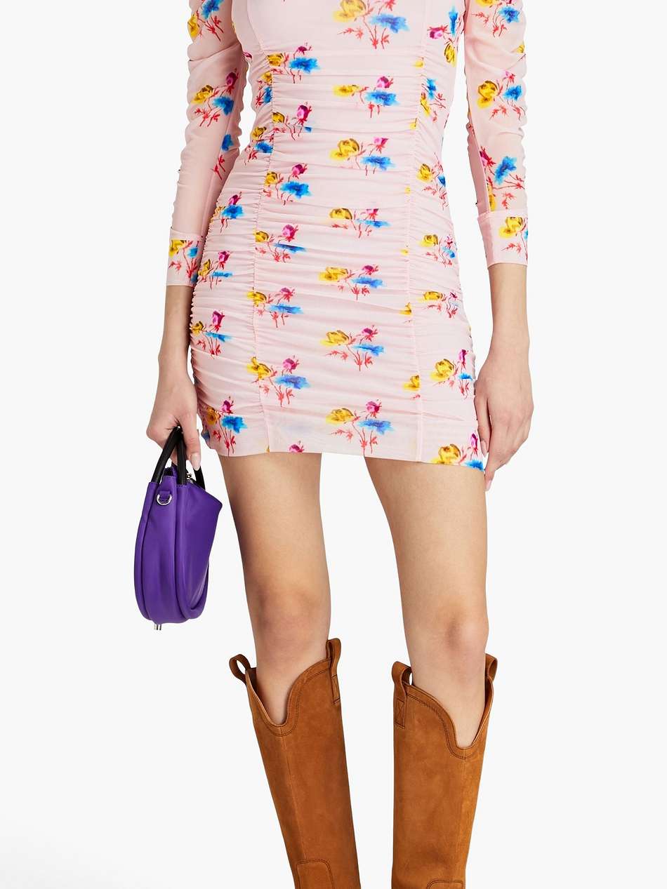 ruched floral-print stretch-mesh mini dress