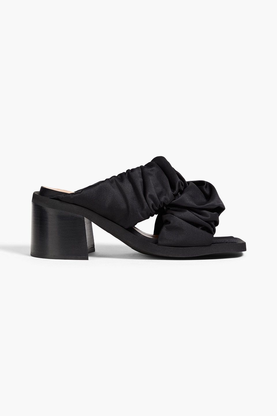 Ganni Ruched Satin Mules In Black