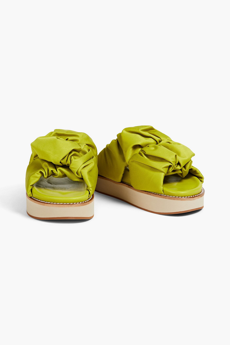 Shop Ganni Ruched Satin Platform Sandals In Lime Green