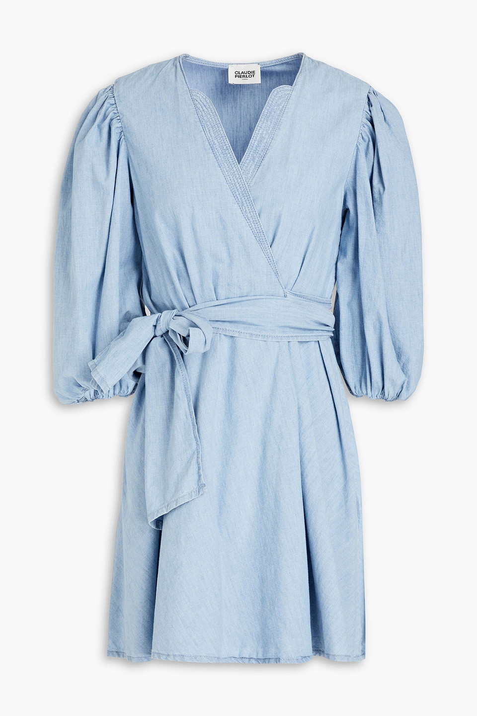 Claudie Pierlot Raymonde Pleated Cotton-chambray Mini Wrap Dress In Blue