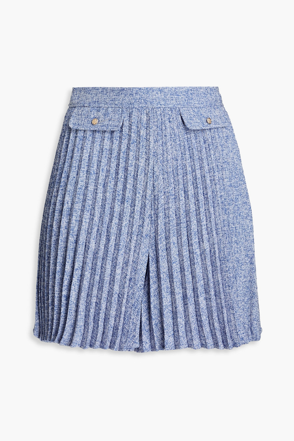 Claudie Pierlot Elyne Button-embellished Plissé-tweed Shorts In Blue