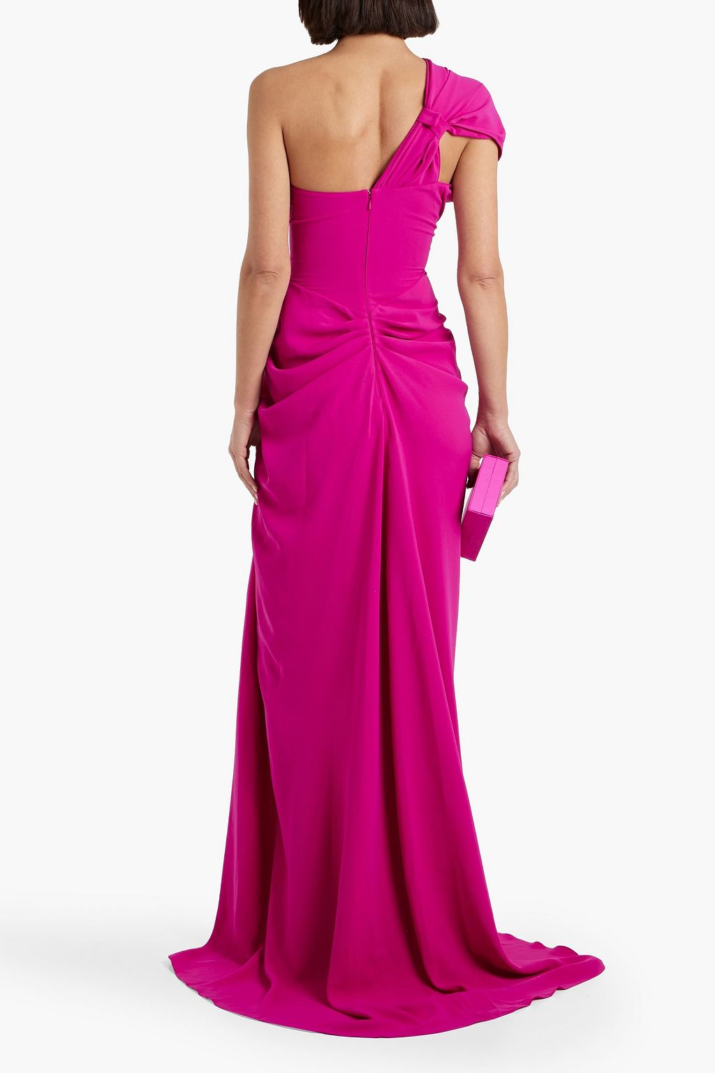 RHEA COSTA One-shoulder draped cady gown