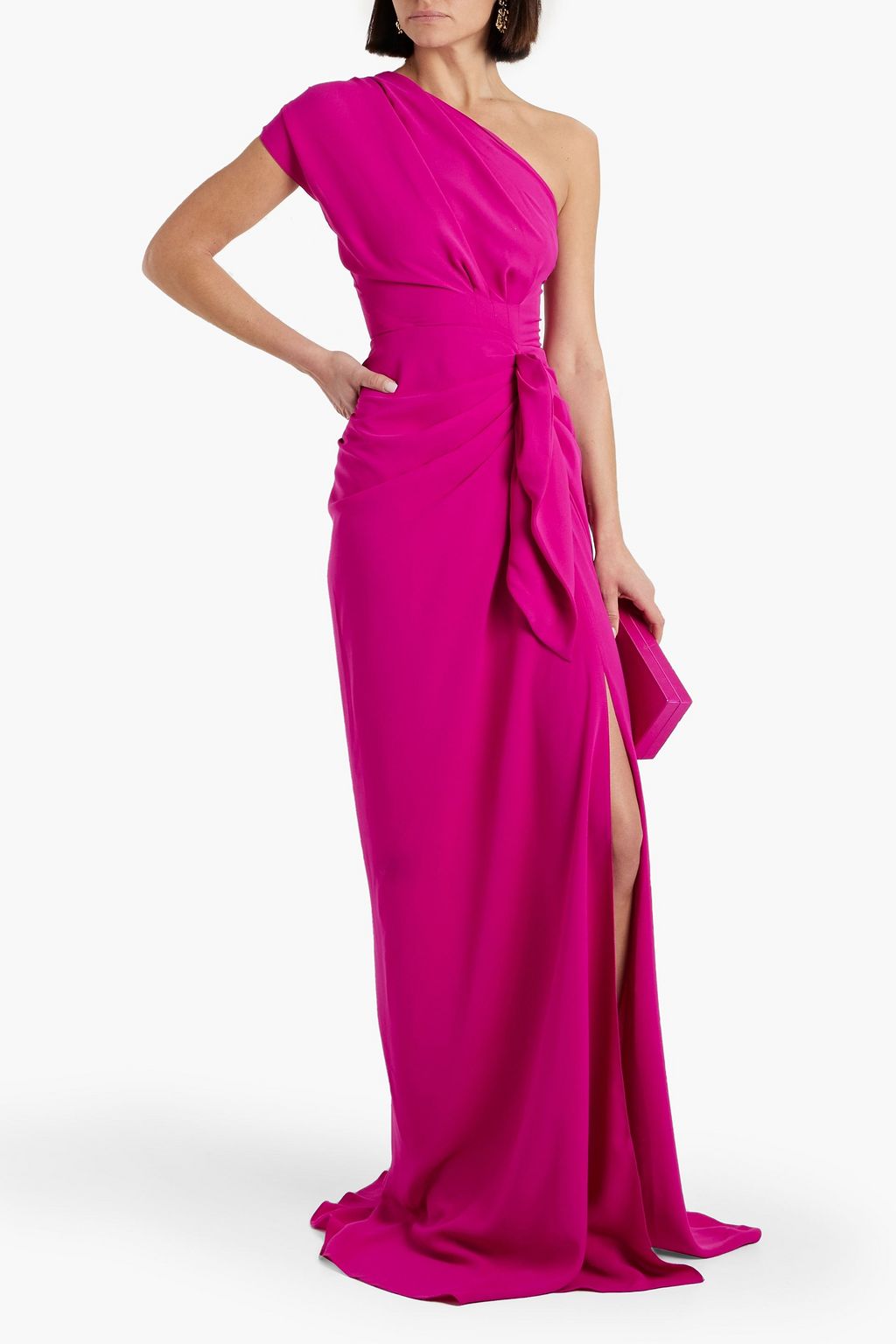 RHEA COSTA One-shoulder draped cady gown