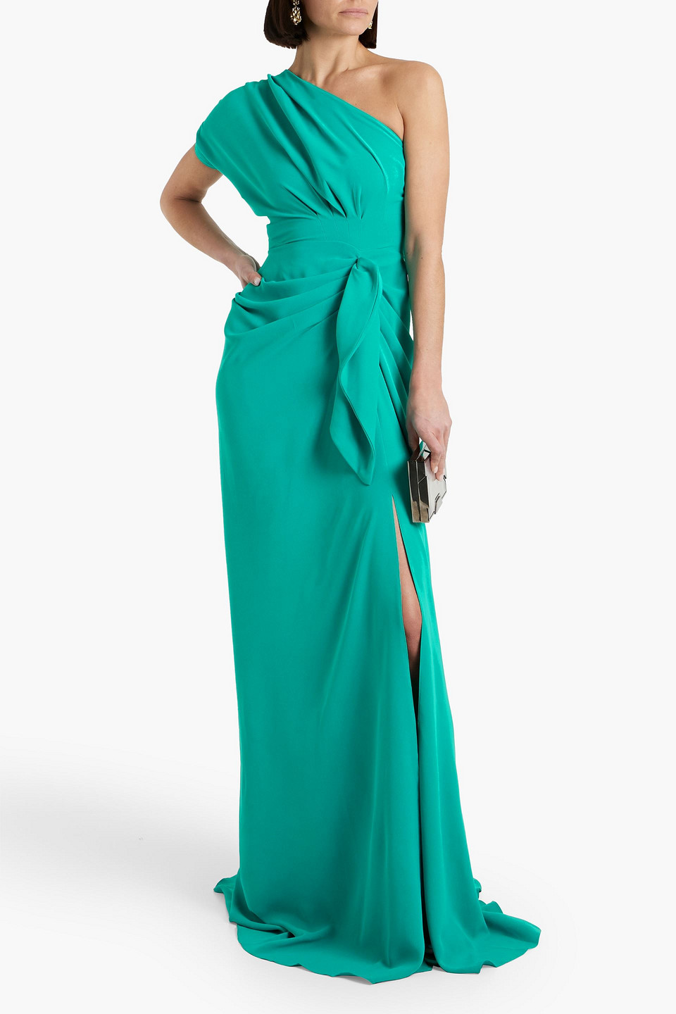 Shop Rhea Costa One-shoulder Draped Cady Gown In Turquoise