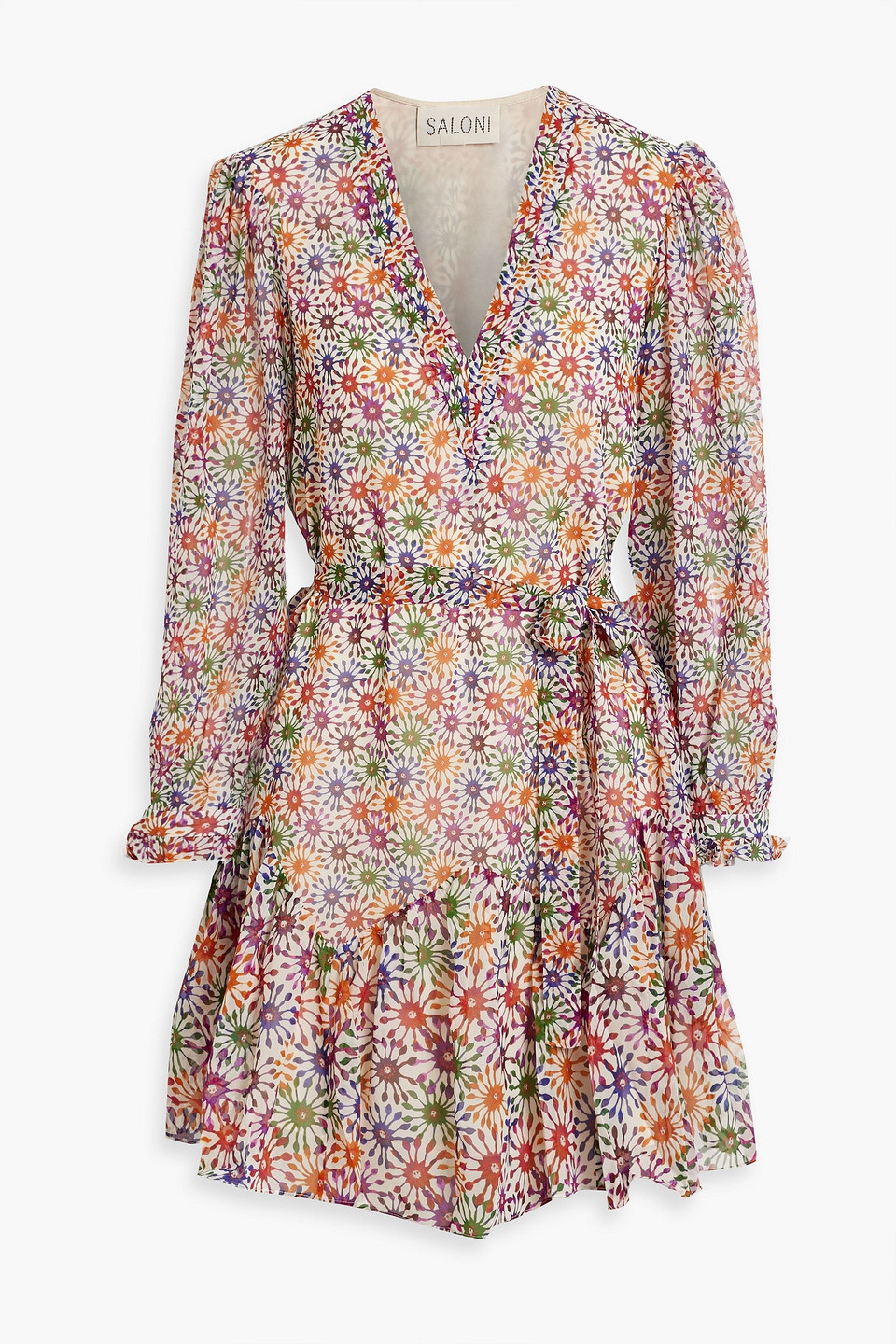 Saloni Franca Belted Floral-print Silk-chiffon Mini Dress In Purple |  ModeSens