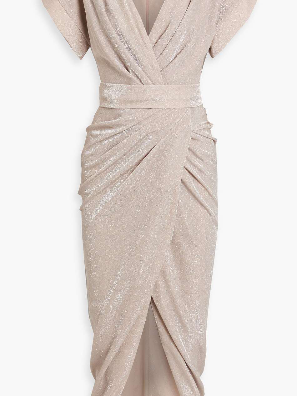 wrap-effect draped glittered jersey midi dress