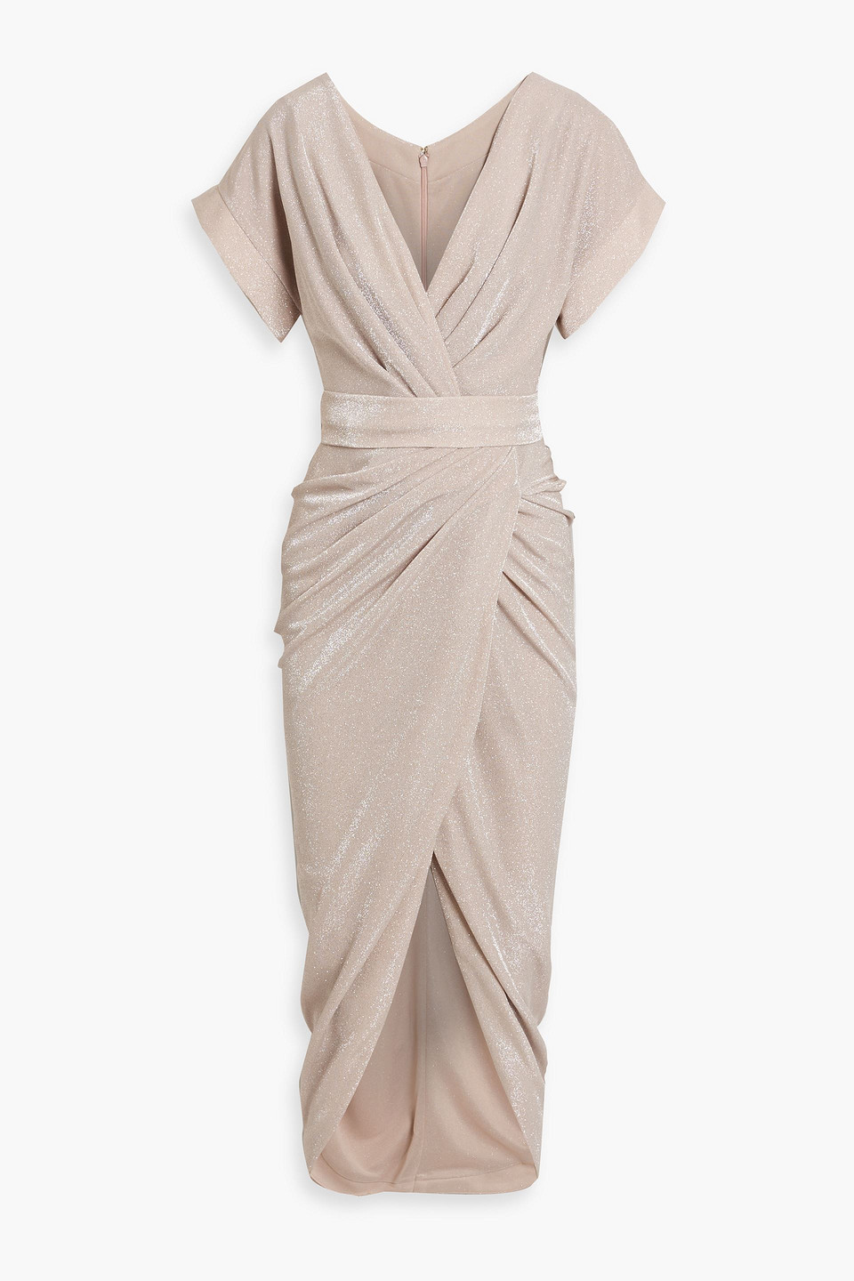 Wrap-effect draped glittered jersey midi dress