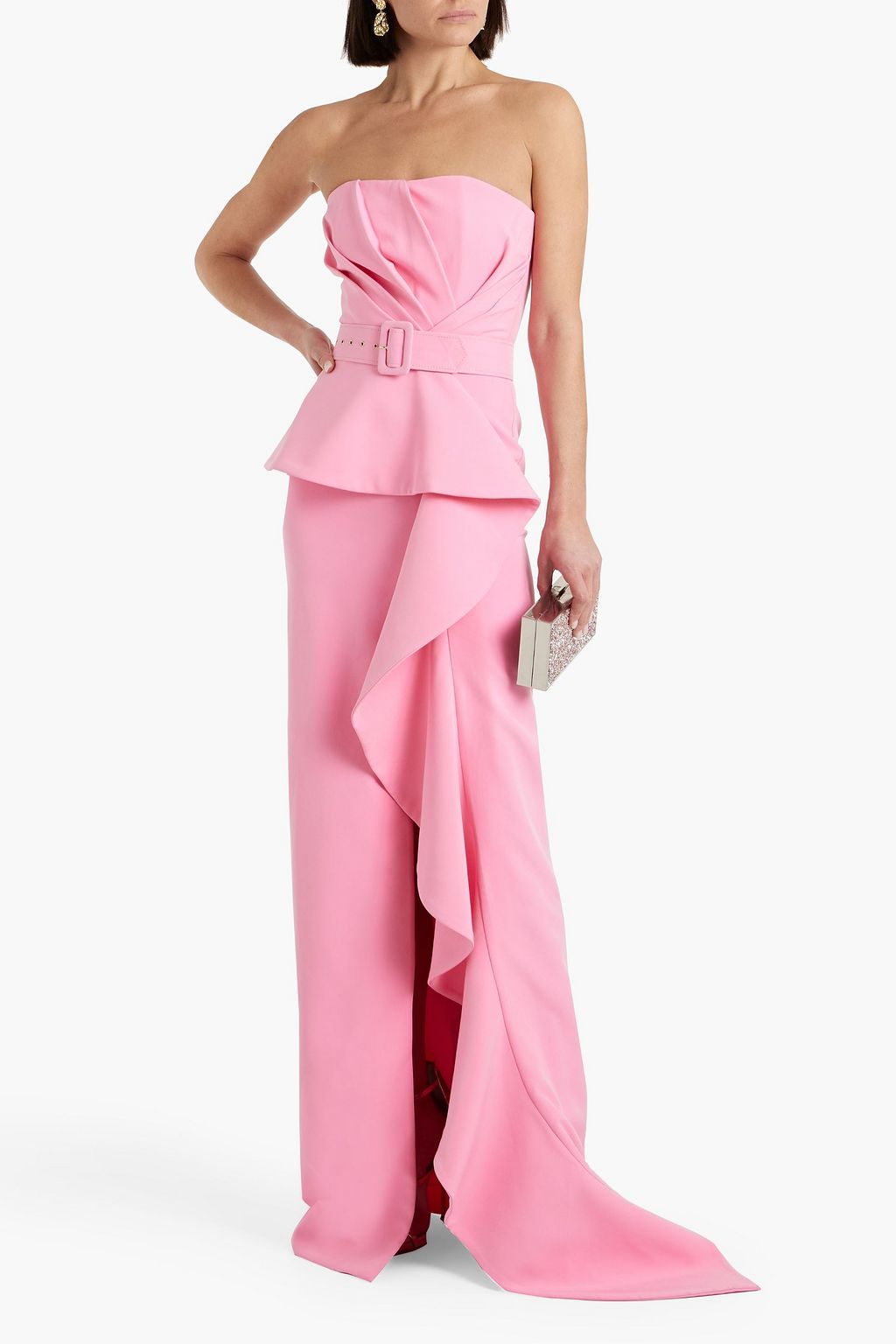 RHEA COSTA Strapless draped pleated crepe gown