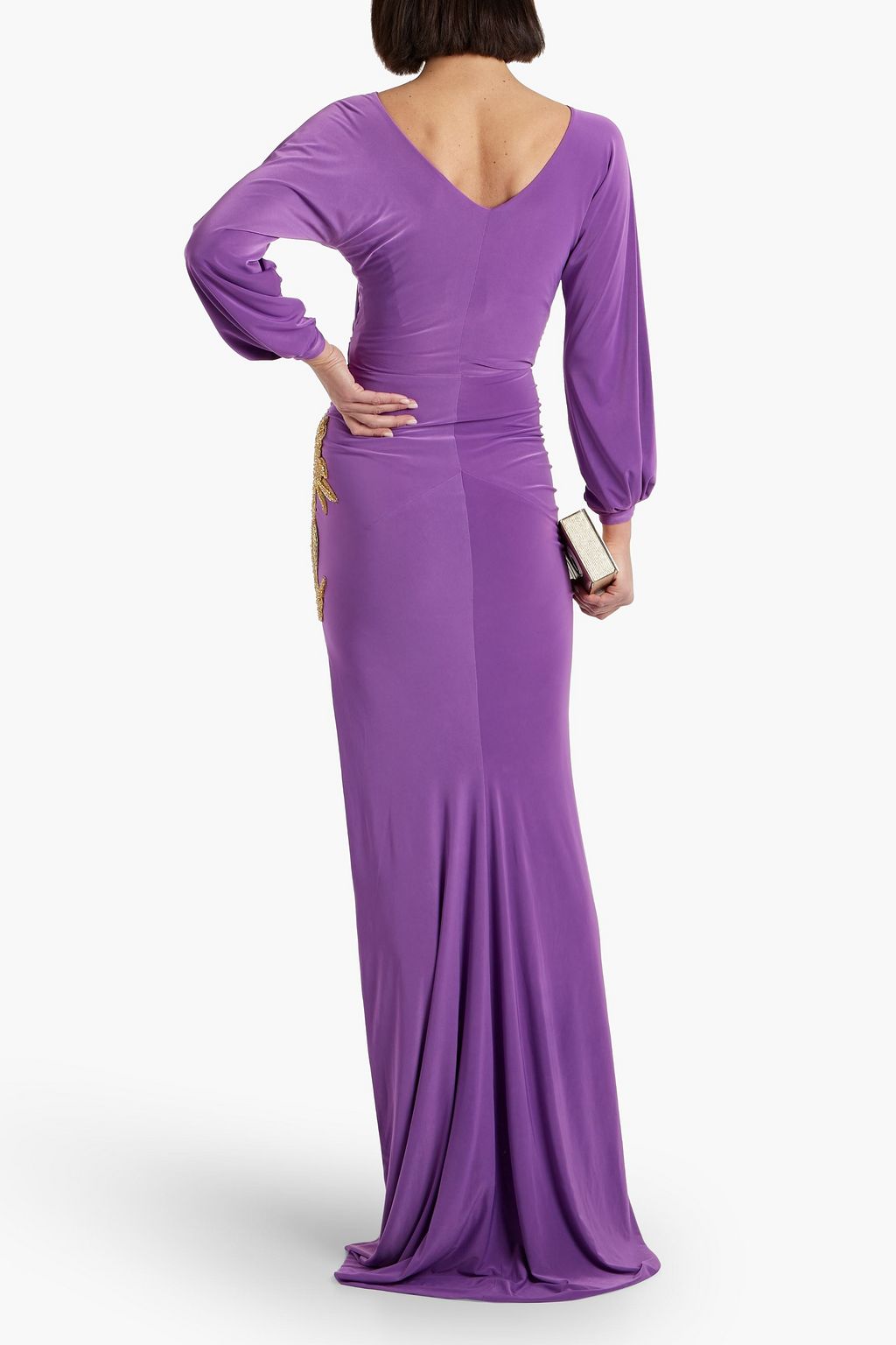RHEA COSTA Wrap-effect embellished satin-jersey gown