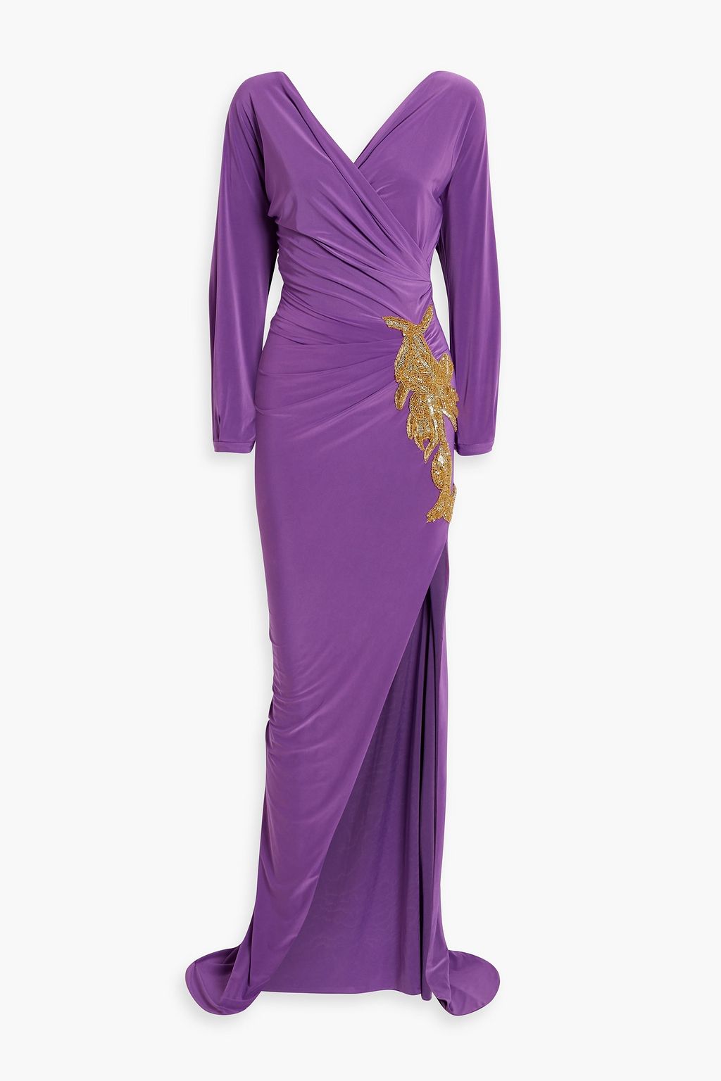 RHEA COSTA Bead-embellished ruched jersey gown