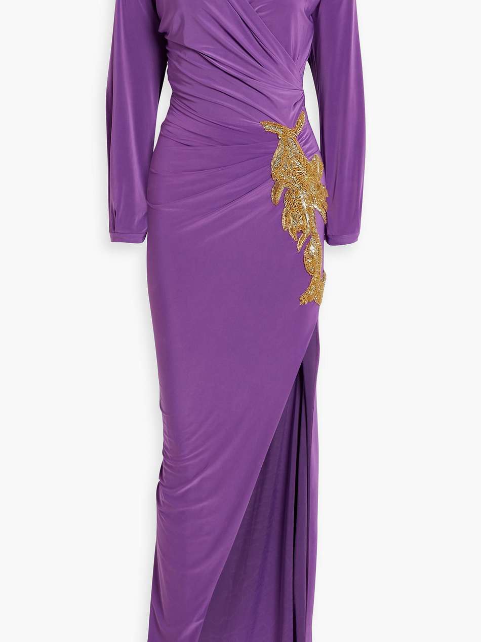 wrap-effect embellished satin-jersey gown