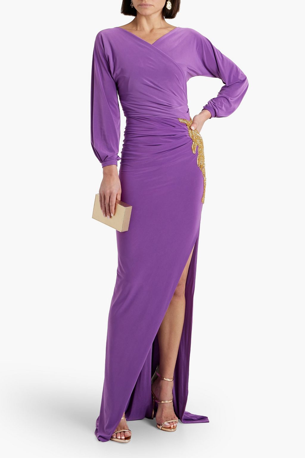 RHEA COSTA Wrap-effect embellished satin-jersey gown