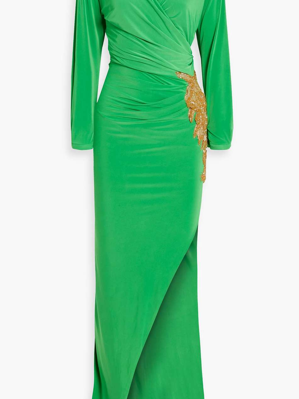 wrap-effect embellished satin-jersey gown