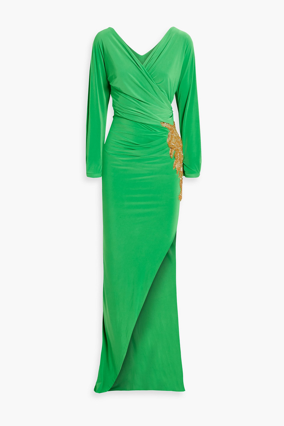 Wrap-effect embellished satin-jersey gown