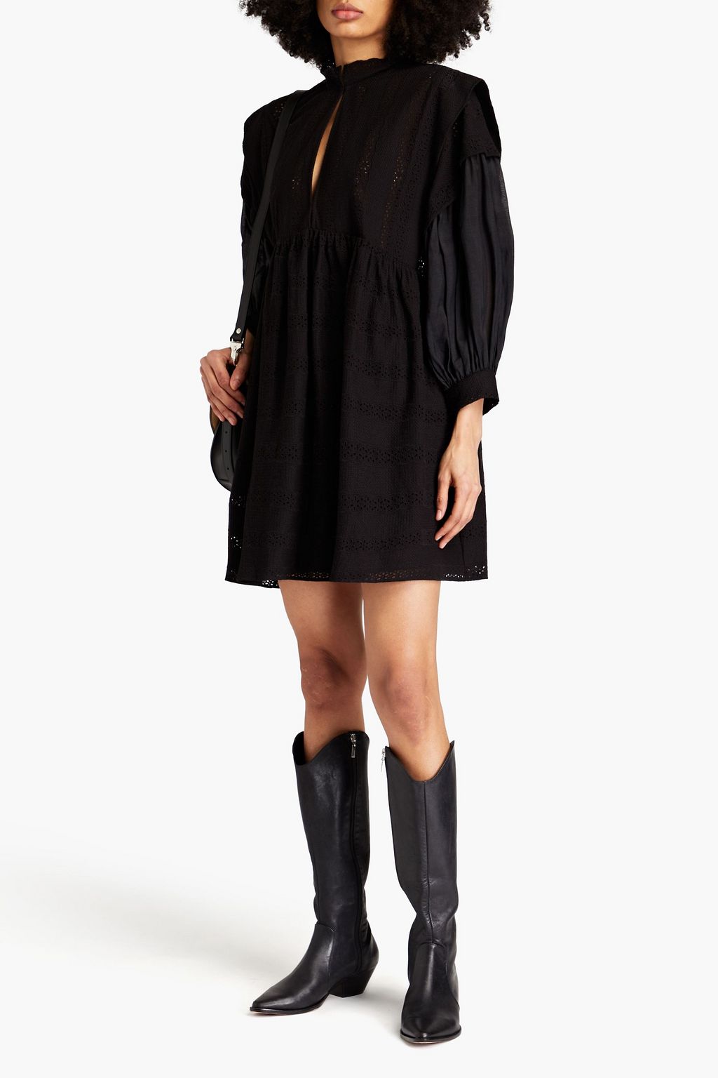 CLAUDIE PIERLOT 보일 패널 개더 디테일 브로드리 앙글레즈 코튼 미니 드레스