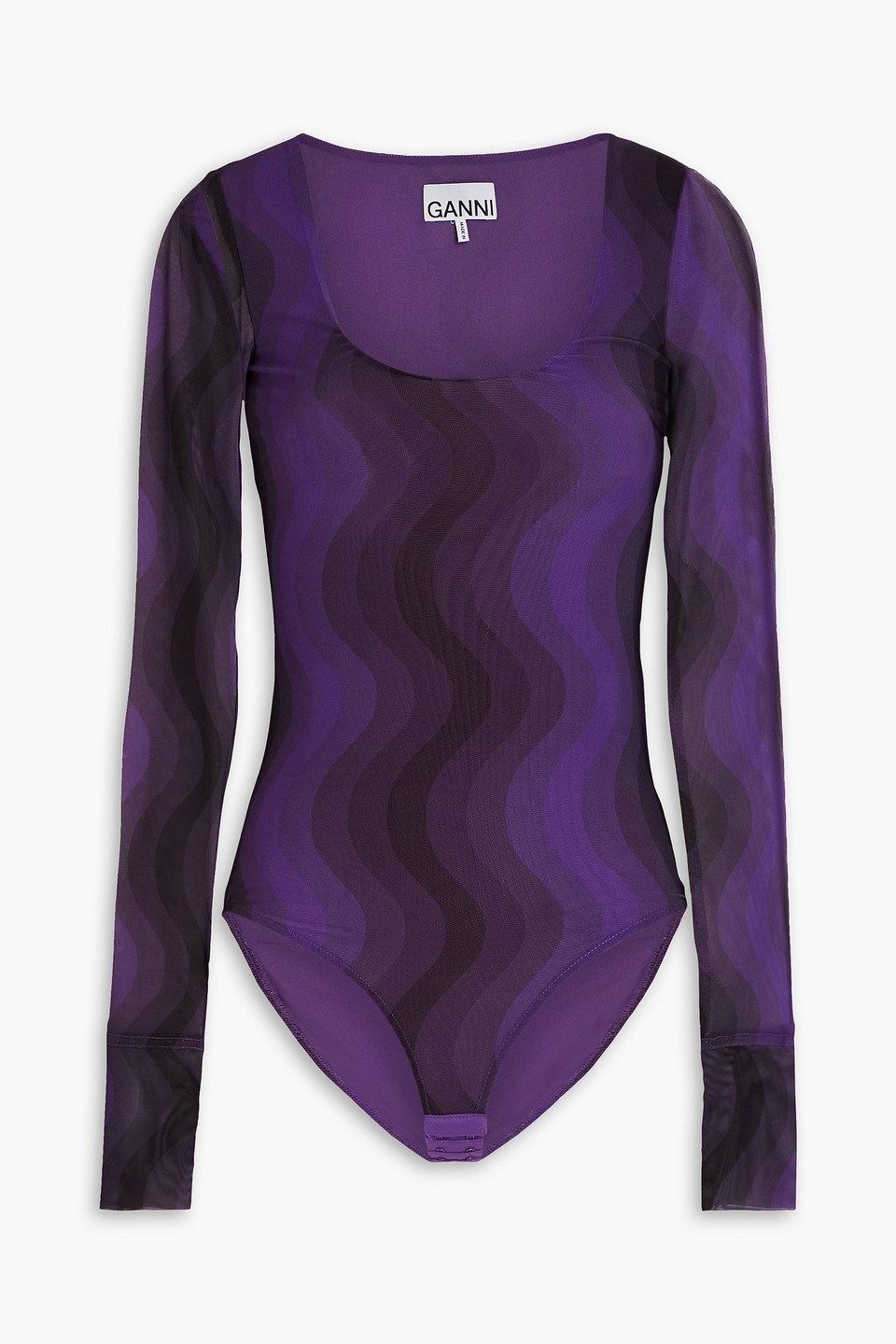 Ganni Printed Stretch-mesh Bodysuit In Purple