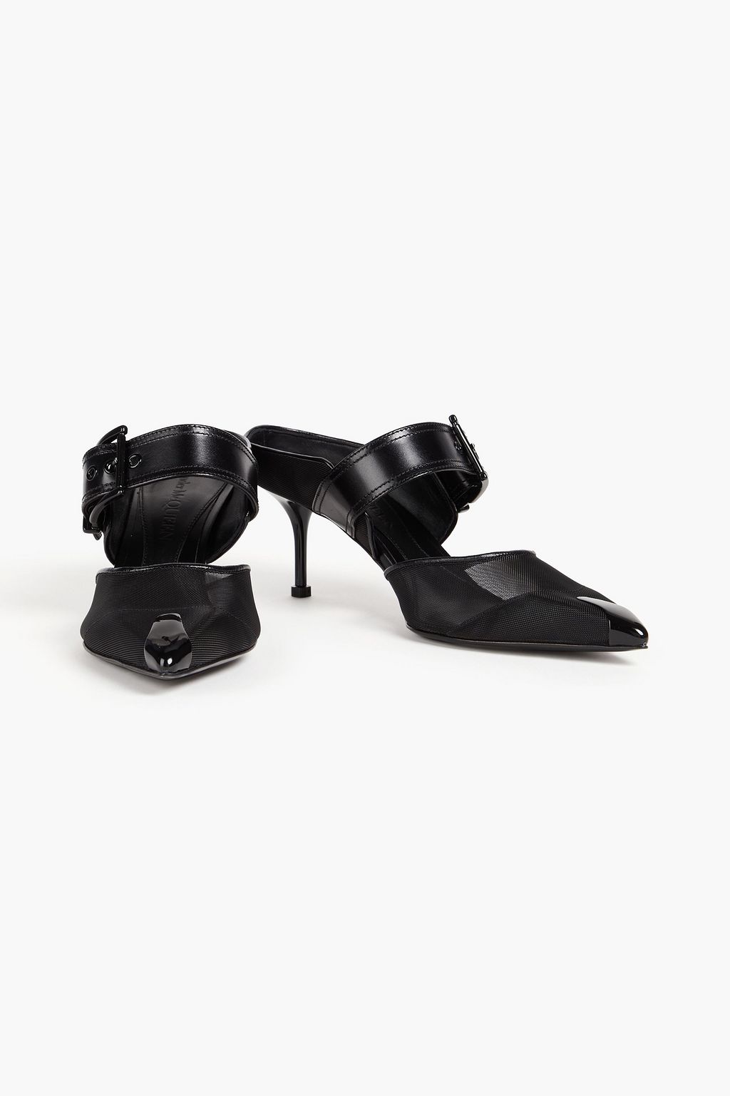 MCQUEEN 버클 디테일 가죽 & 피시네트 뮬