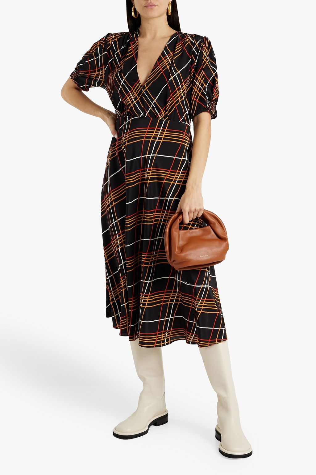 MARNI シルククレープデシン ミディワンピース タック入り チェック