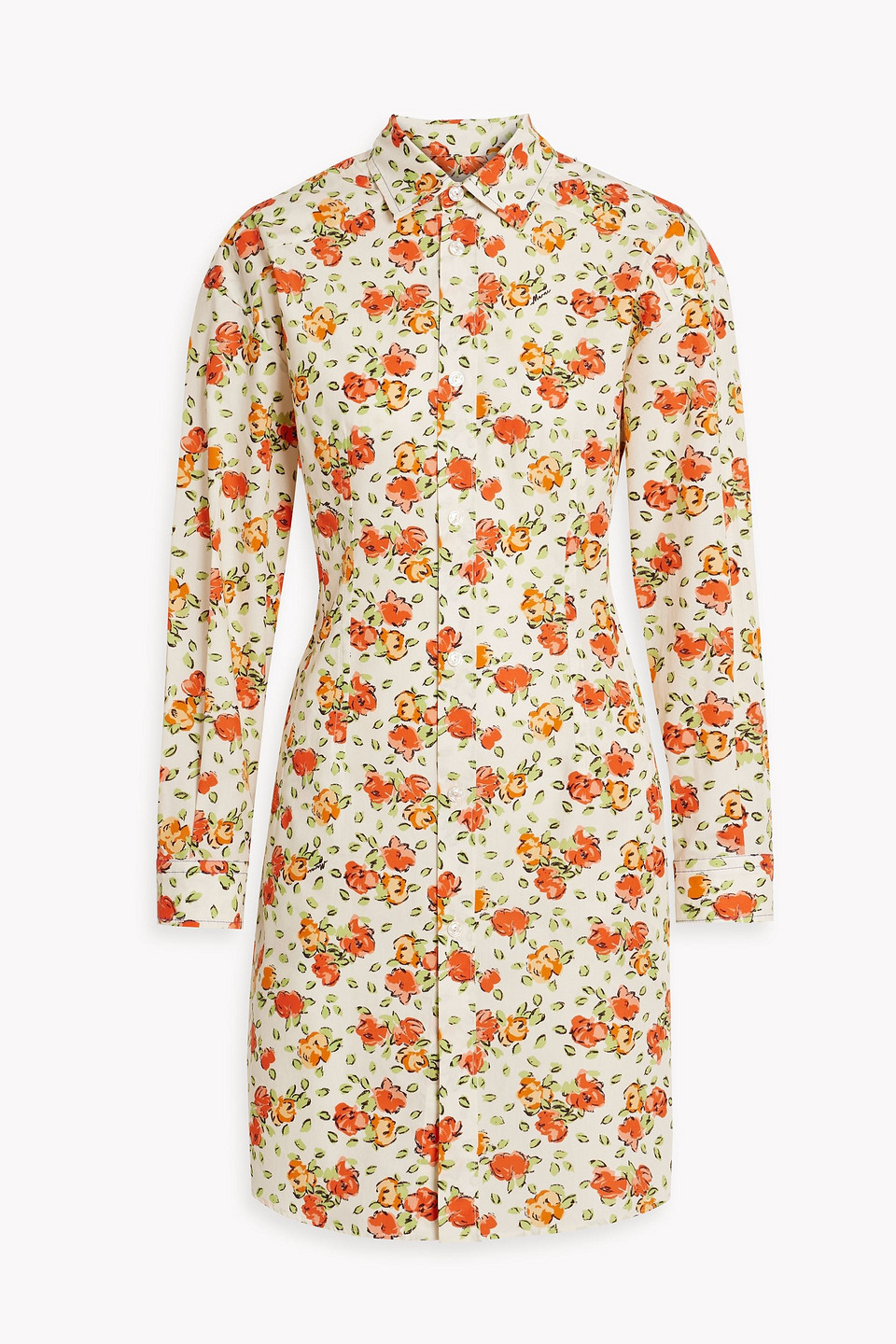 Shop Marni Floral-print Cotton-poplin Mini Shirt Dress In Orange