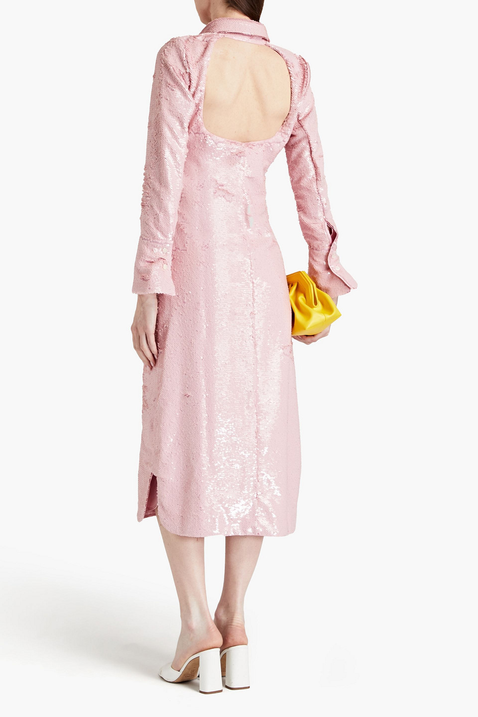 Ganni Open-back Sequined Recycled Satin Midi Shirt Dress In Baby Pink