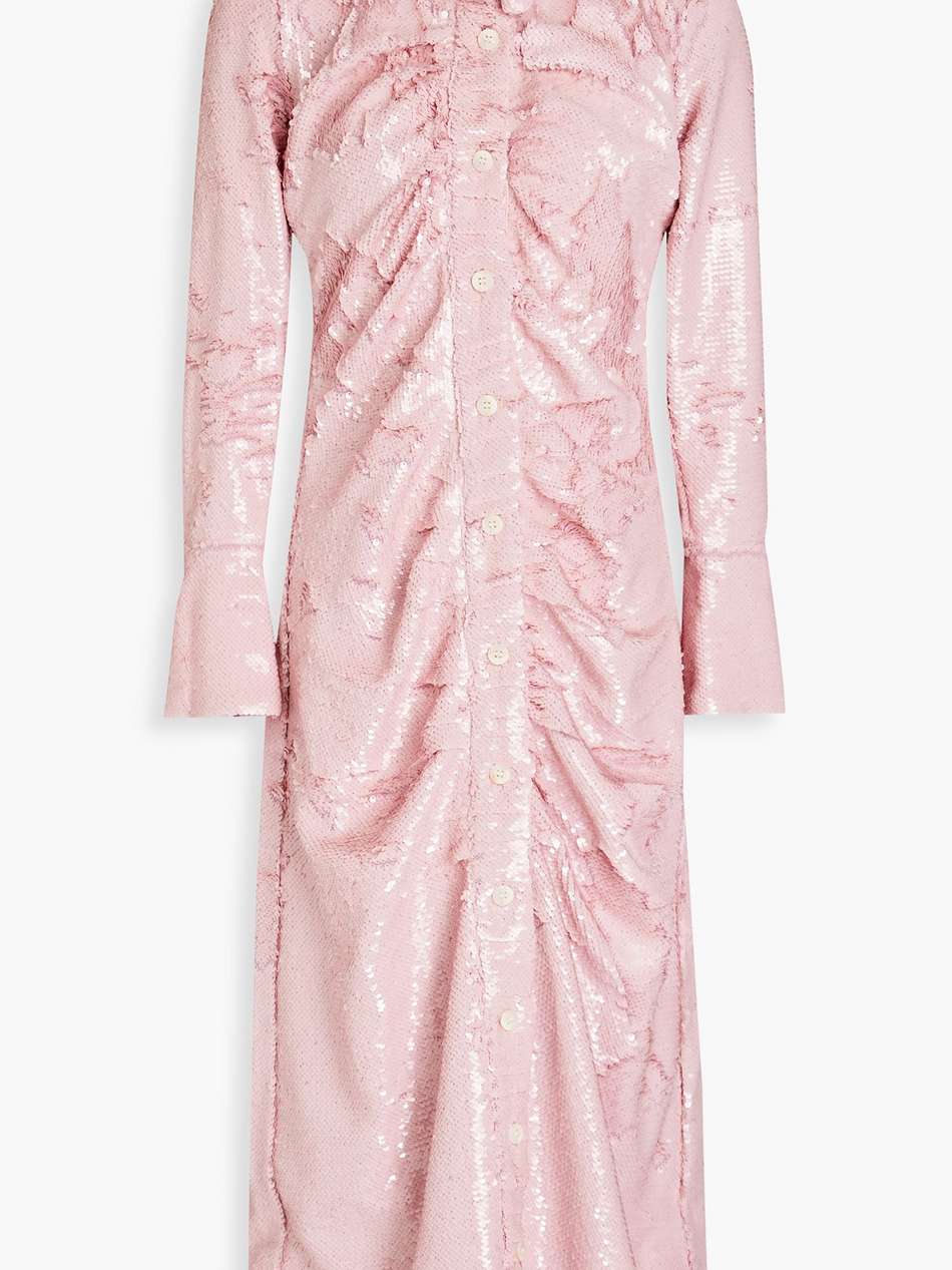 ruched sequined georgette midi shirt dress