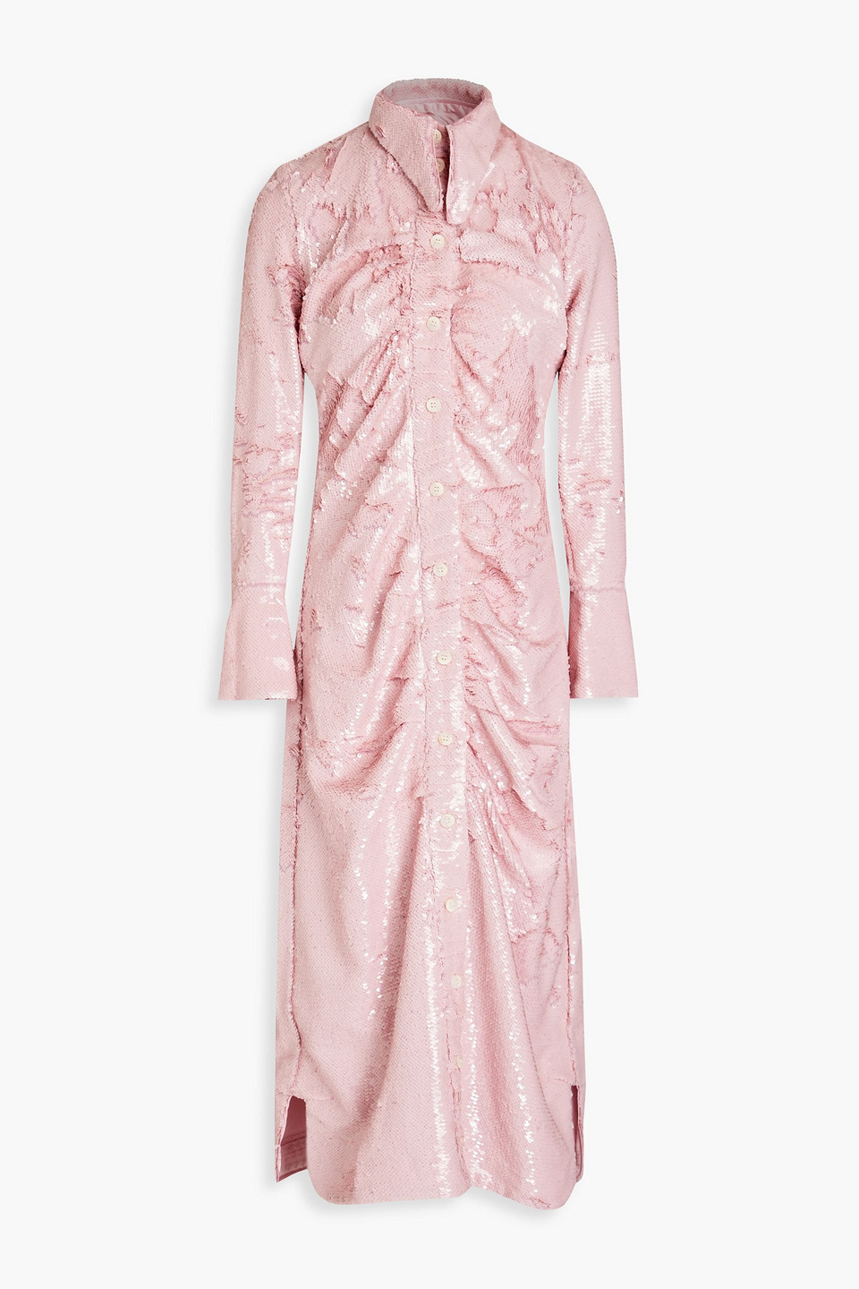 Ganni Ruched Sequined Georgette Midi Shirt Dress In Baby Pink