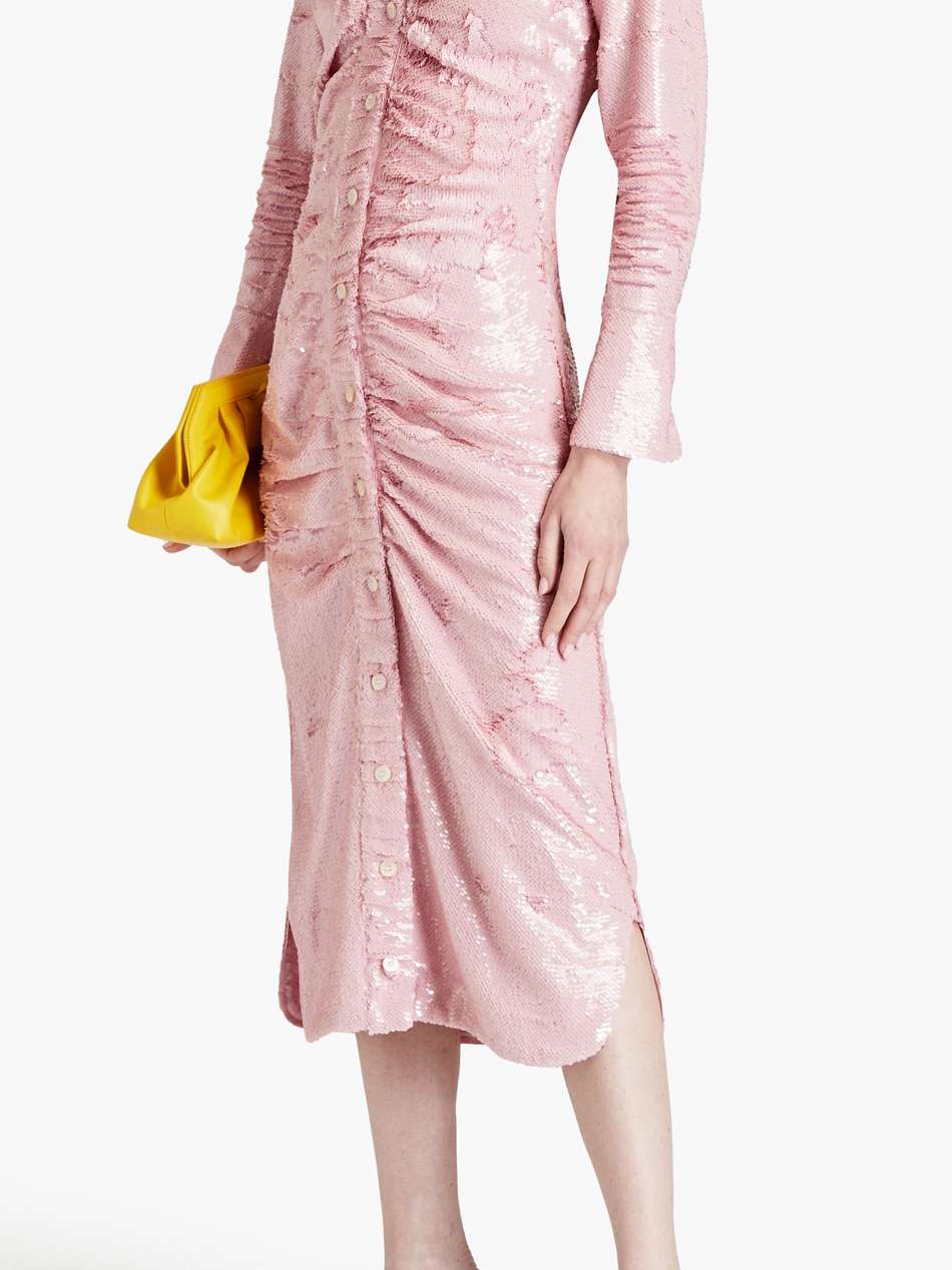 ruched sequined georgette midi shirt dress