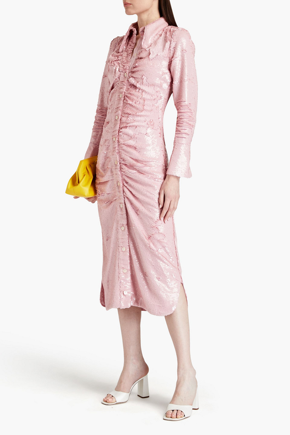 Ganni Open-back Sequined Recycled Satin Midi Shirt Dress In Baby Pink