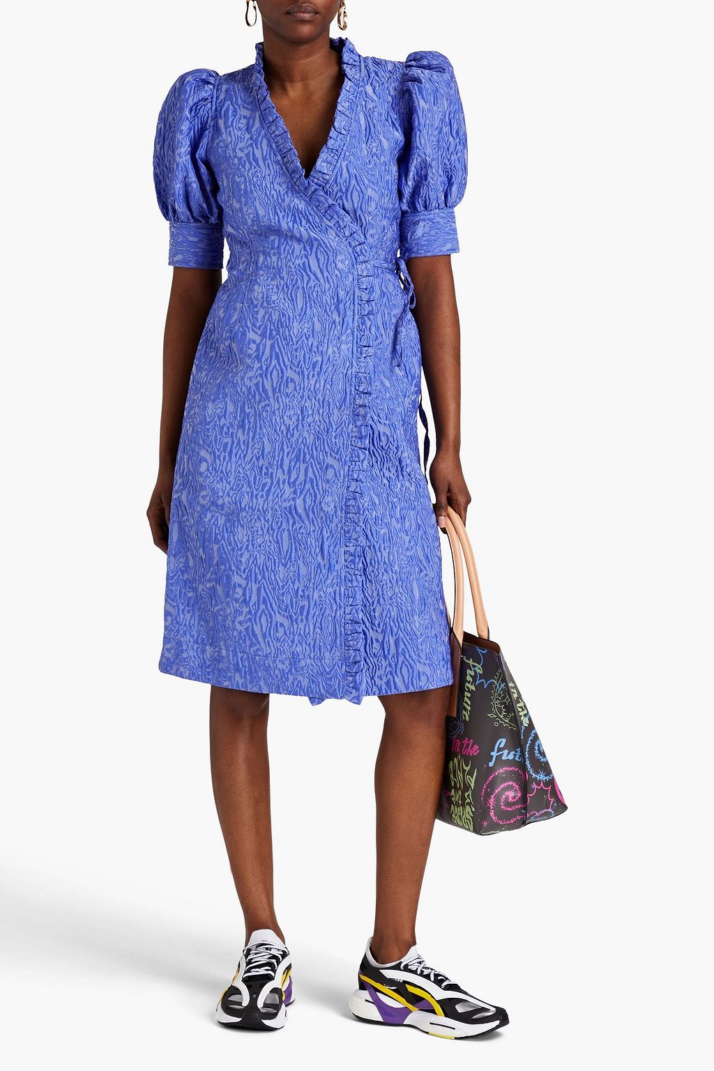 GANNI Ruffled cloqué wrap dress