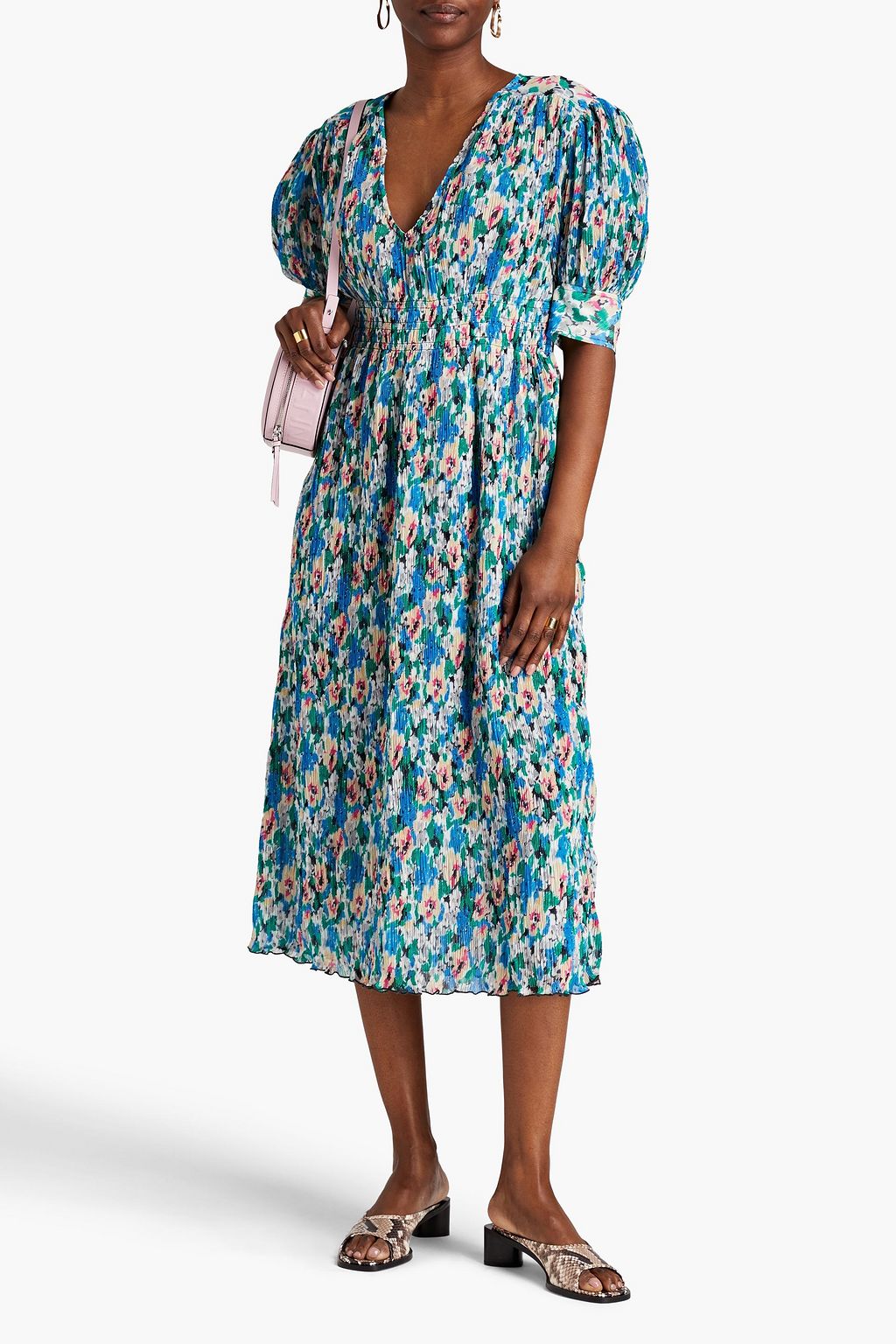 GANNI Floral-print plissé-georgette midi dress
