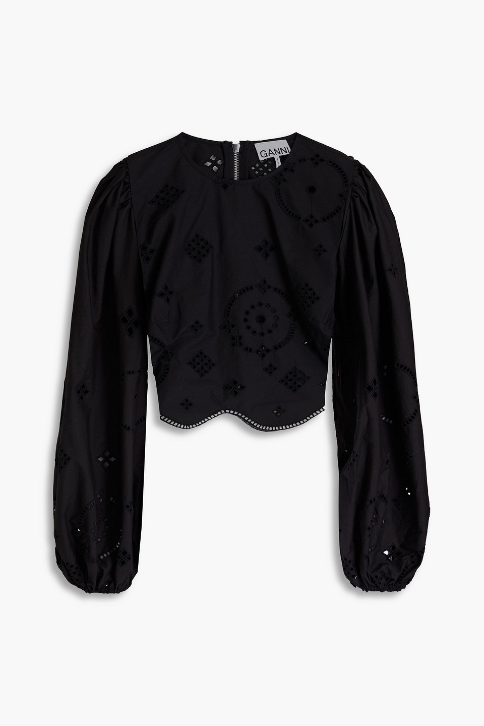 Ganni Cropped Gathered Broderie Anglaise Cotton Blouse In Black