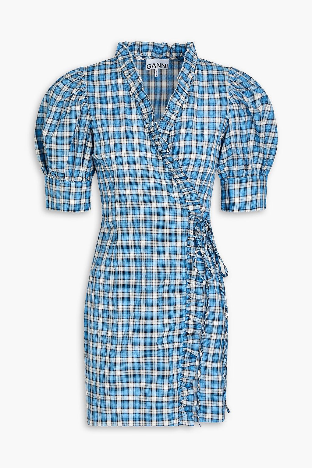 GANNI Checked cotton-blend seersucker mini wrap dress | THE OUTNET