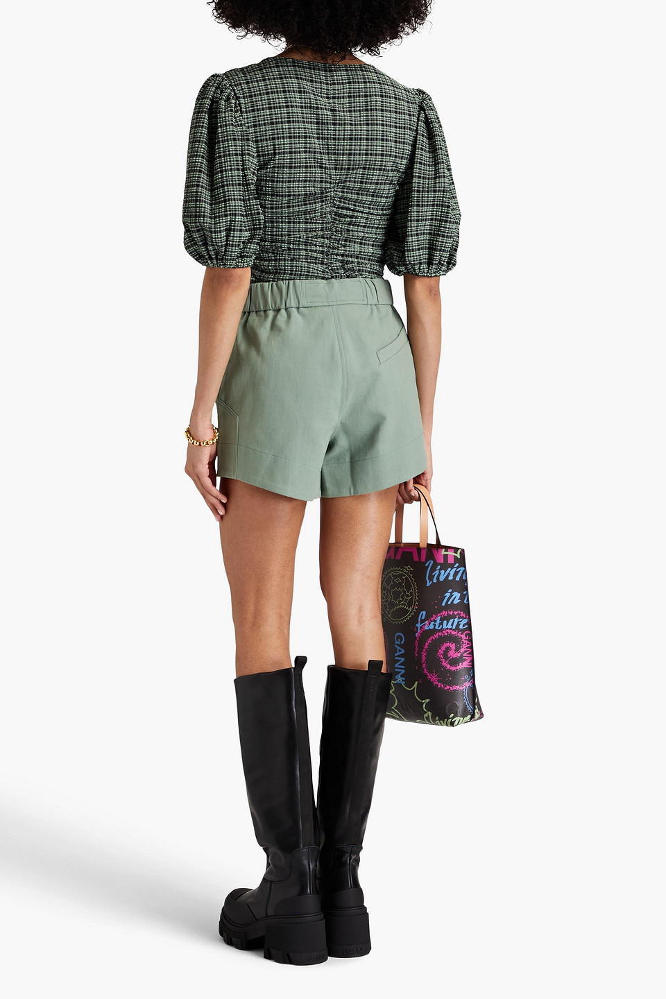 Shop Ganni Cotton Shorts In Grey Green