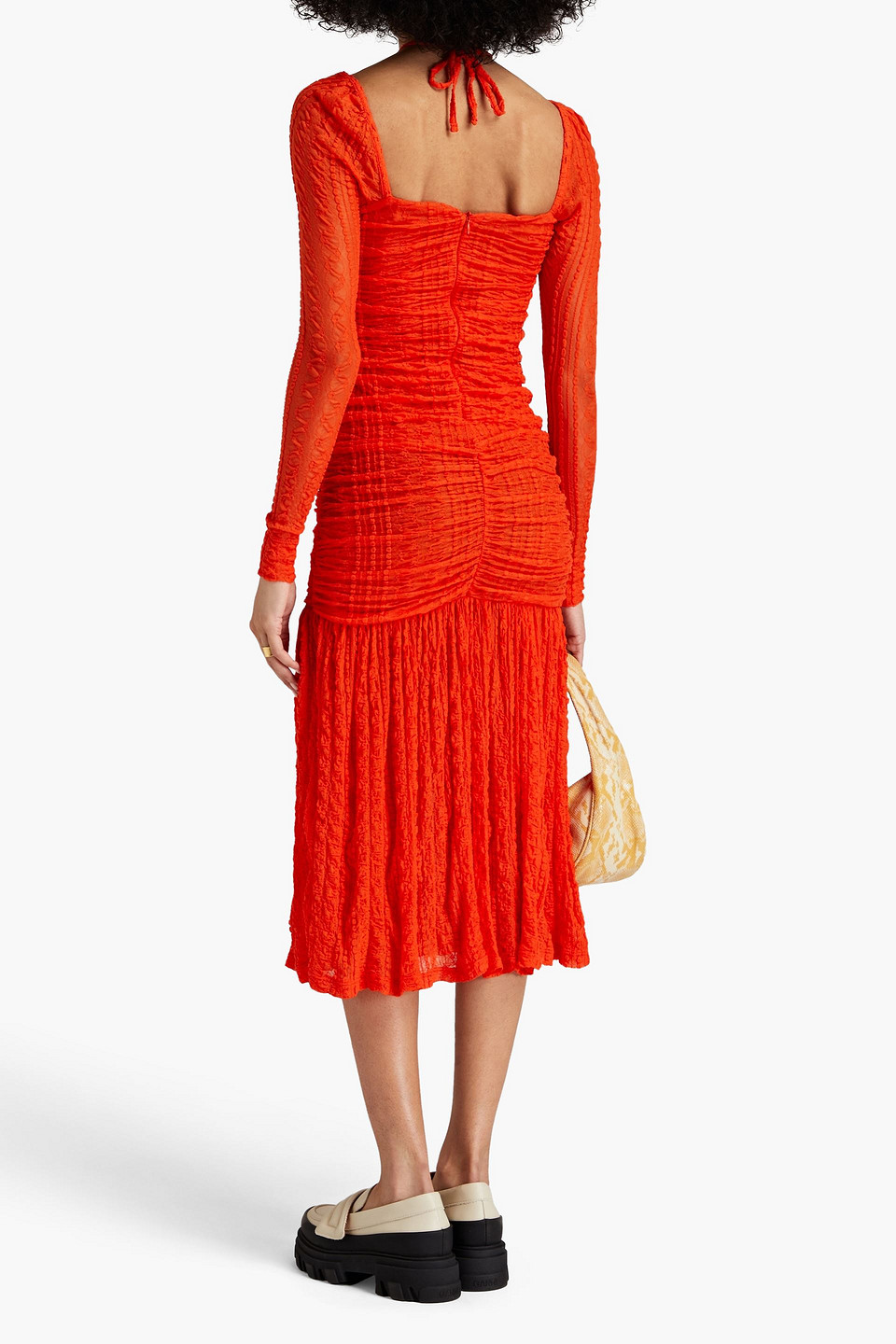 Shop Ganni Ruched Stretch-cloqué Halterneck Midi Dress In Orange