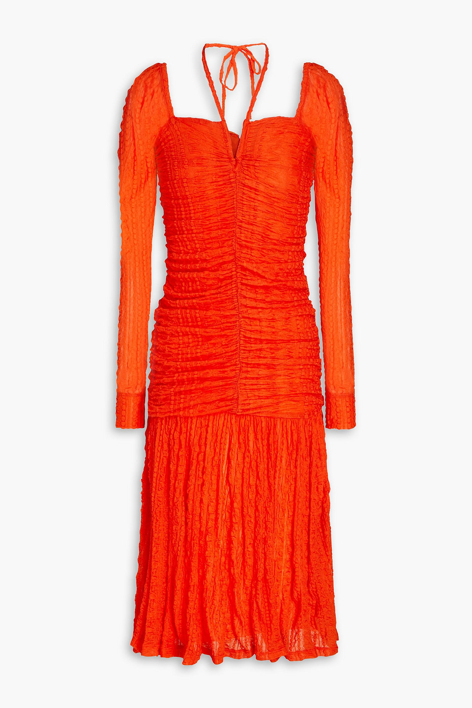 Ganni Ruched Stretch-cloqué Halterneck Midi Dress In Orange