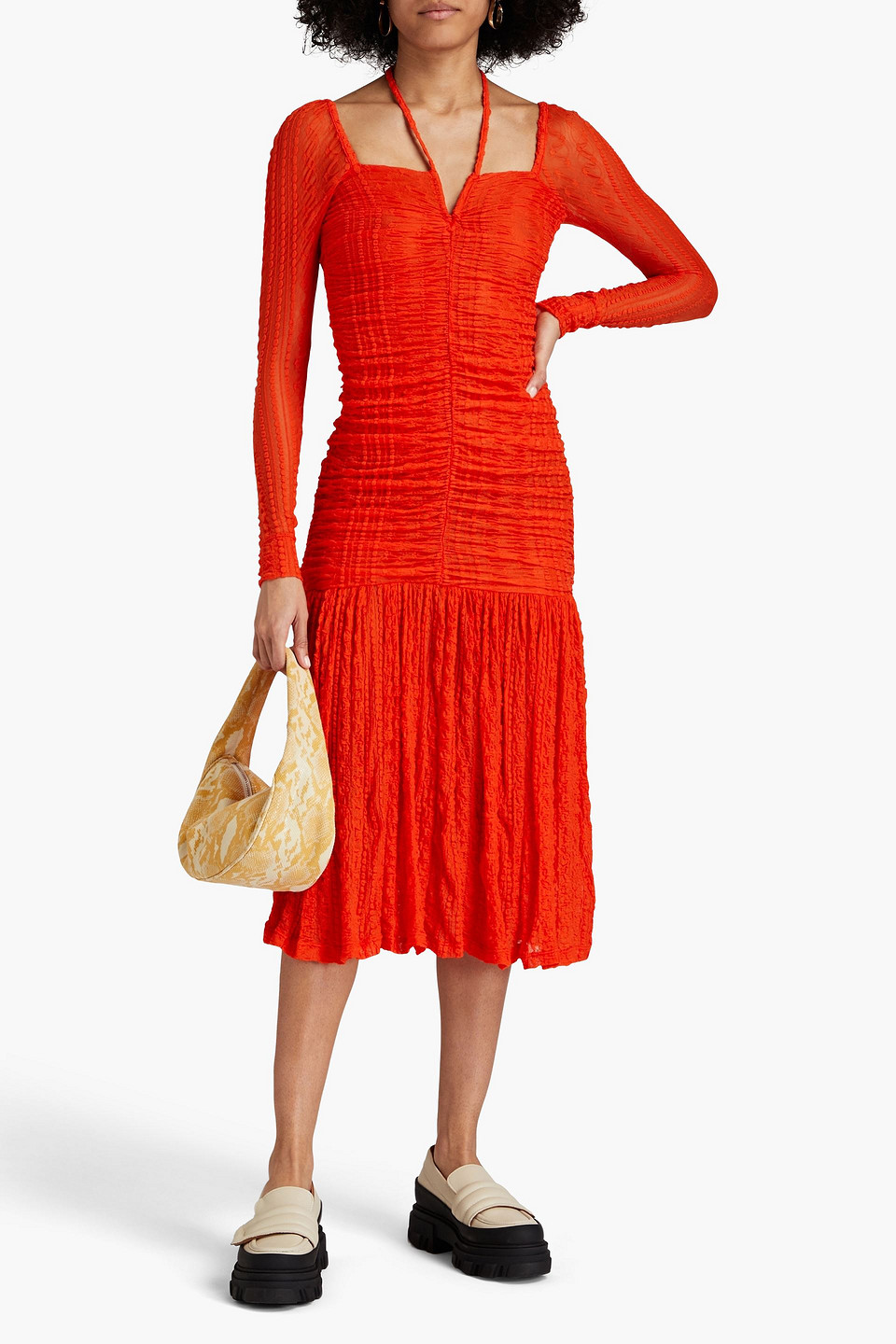 Shop Ganni Ruched Stretch-cloqué Halterneck Midi Dress In Orange