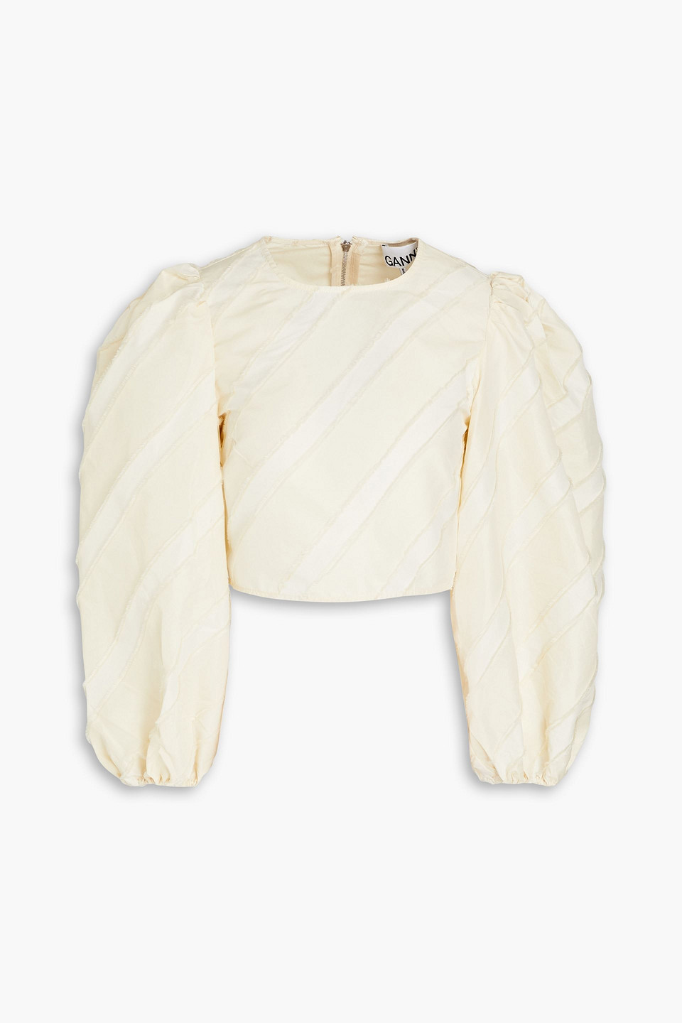 Ganni Cropped Frayed Taffeta Top In Cream