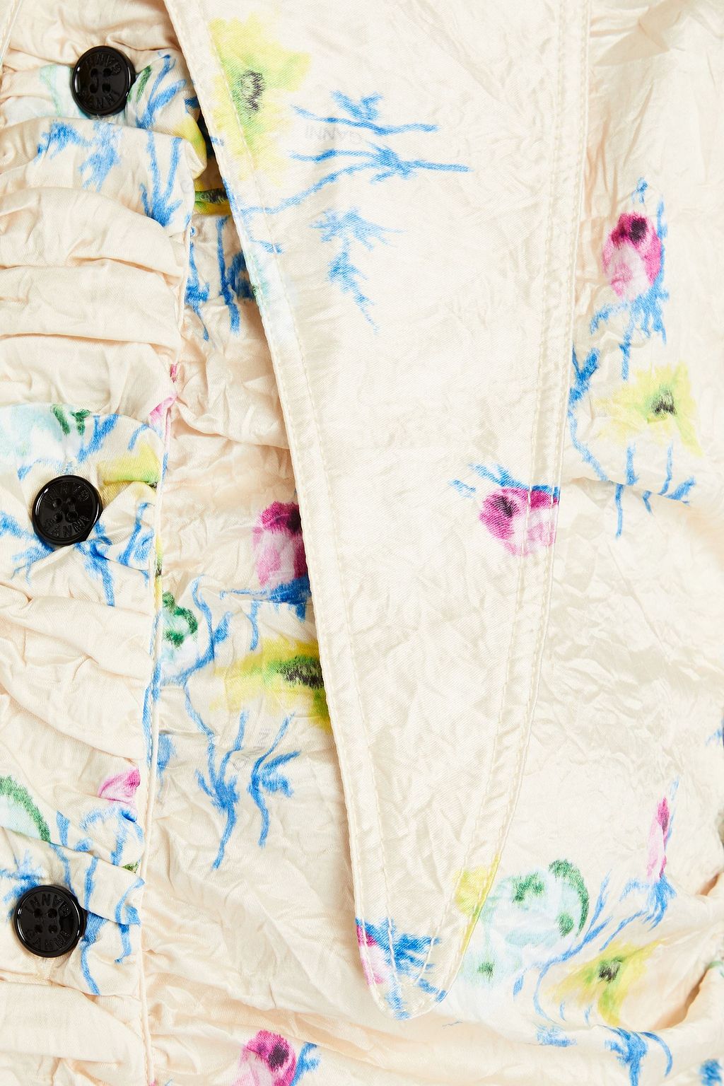 GANNI Floral-print ruched crinkled-satin shirt