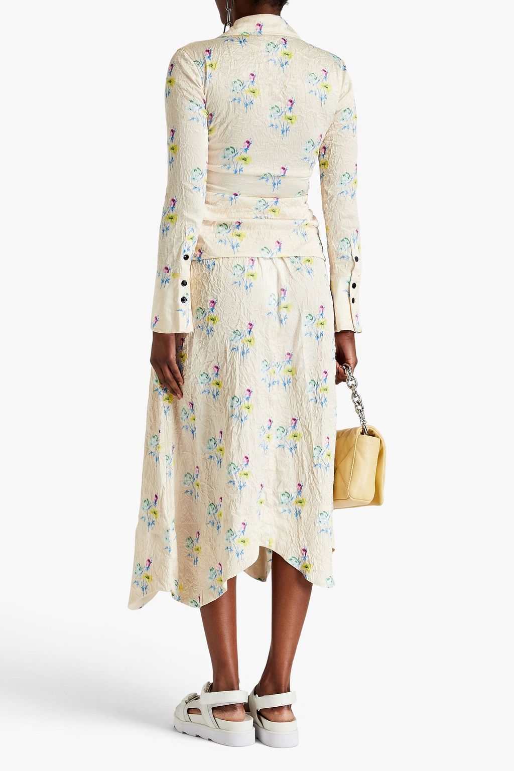 GANNI Floral-print ruched crinkled-satin shirt