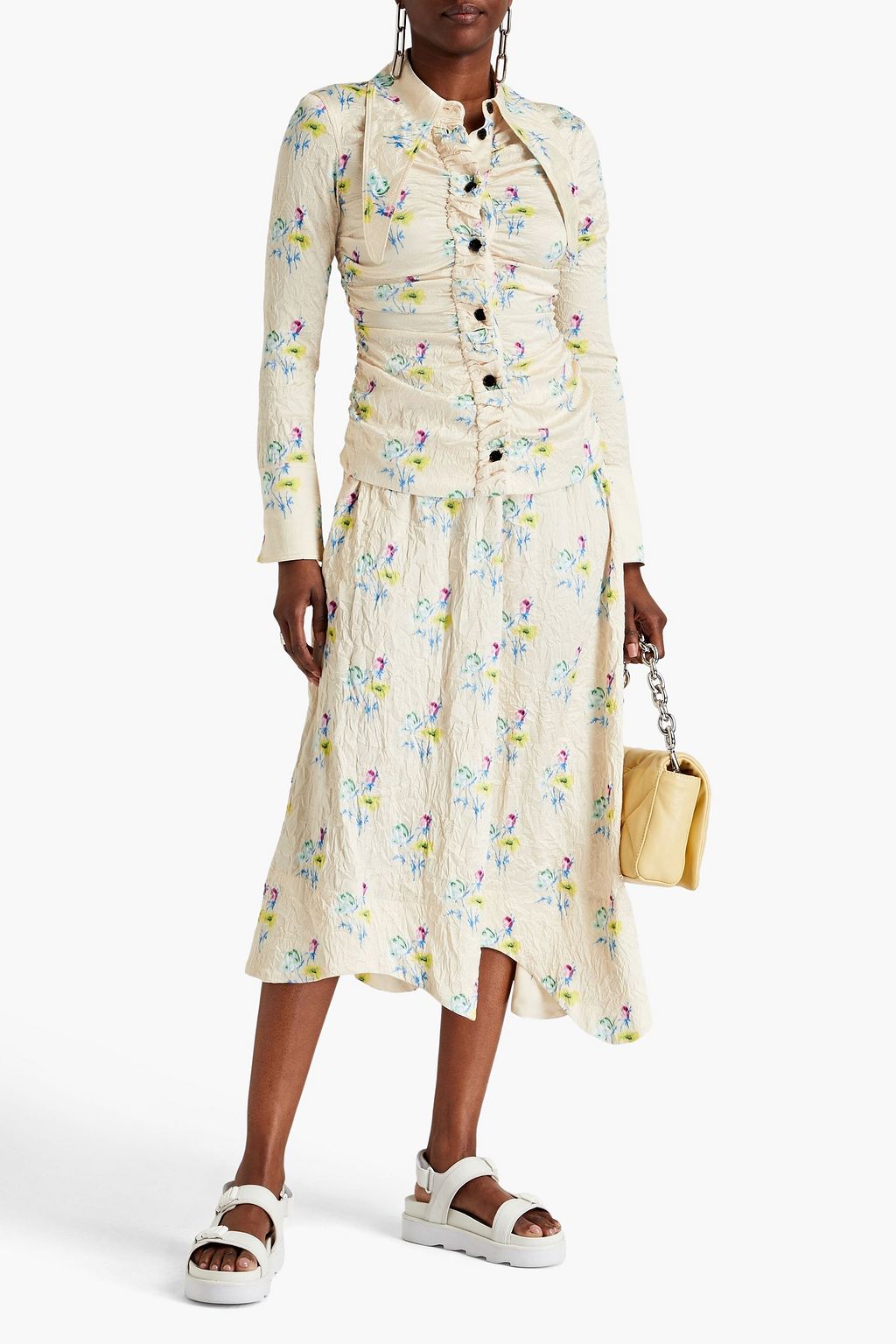 GANNI Floral-print ruched crinkled-satin shirt