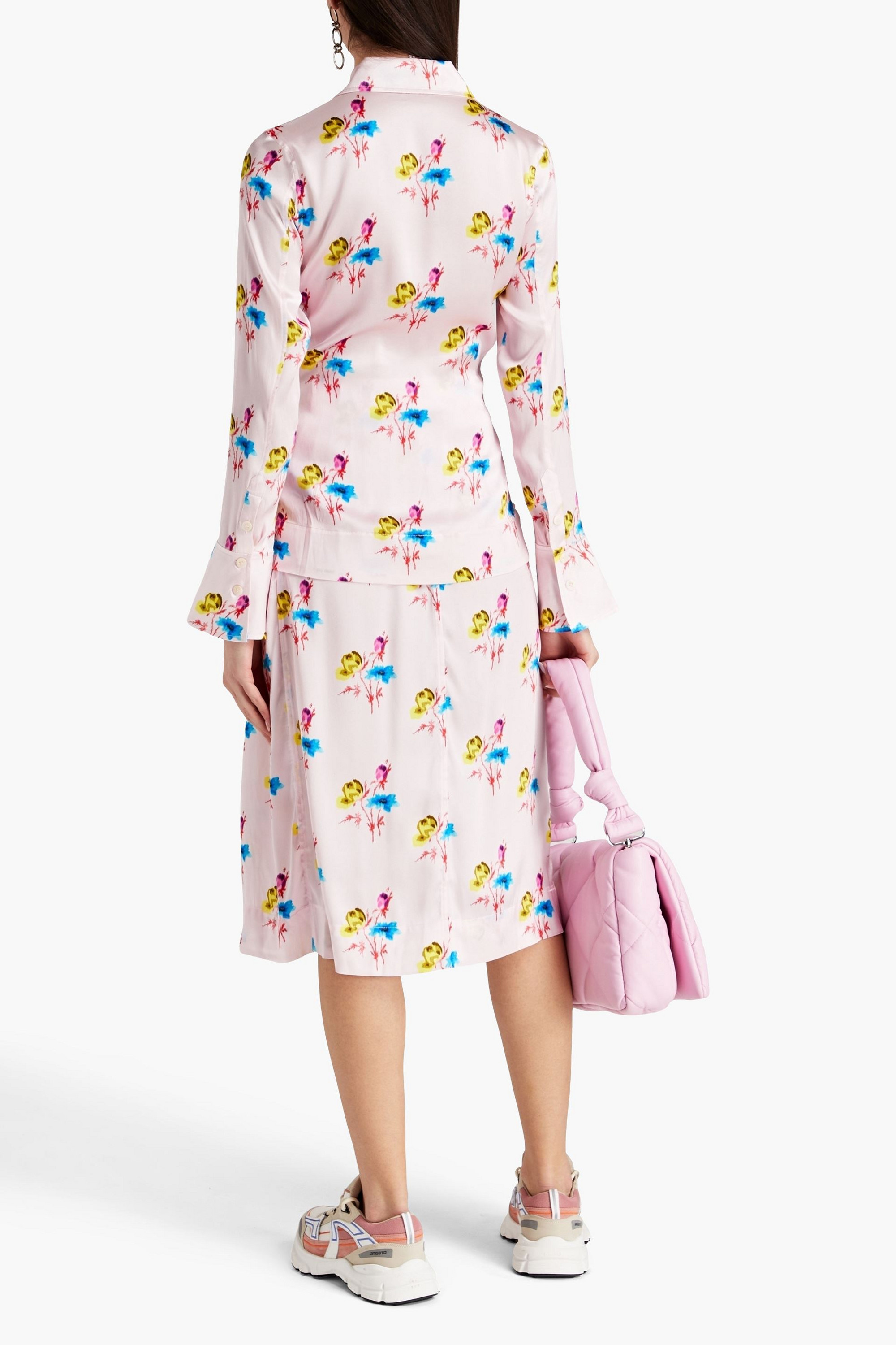 GANNI Ruched floral-print silk-blend satin midi wrap skirt thumbnail