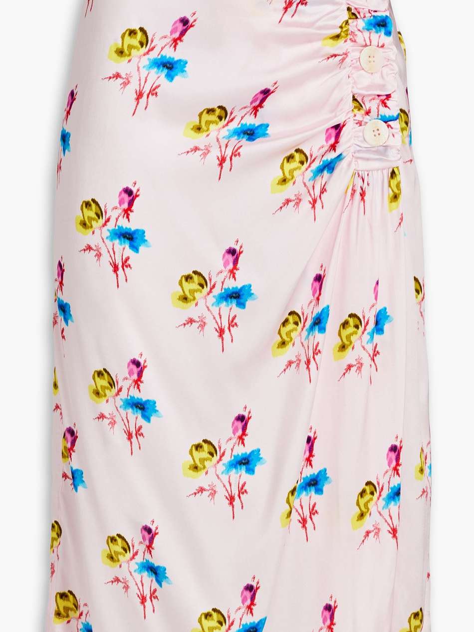 ruched floral-print silk-blend satin midi wrap skirt