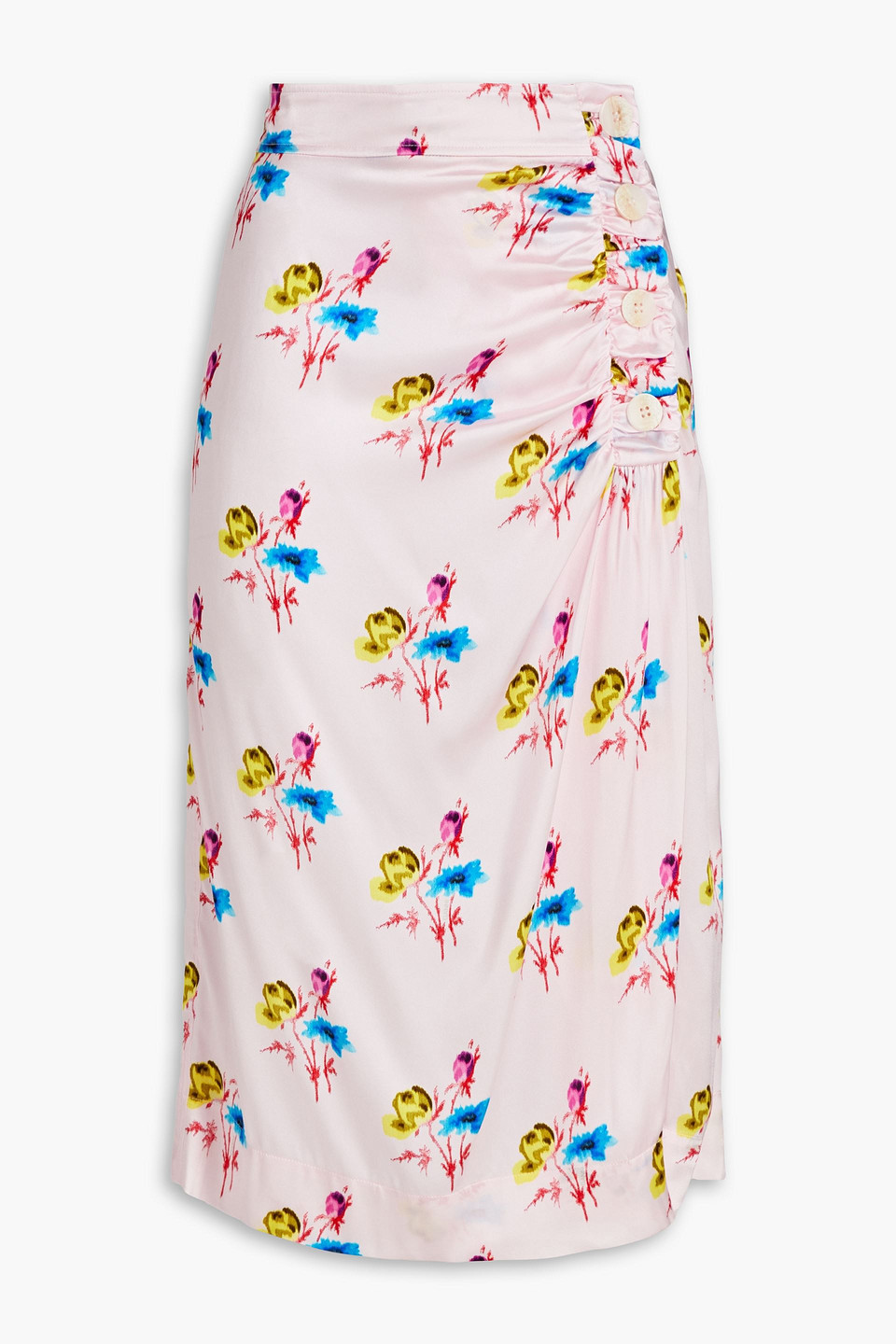 Shop Ganni Ruched Floral-print Silk-blend Satin Midi Wrap Skirt In Baby Pink